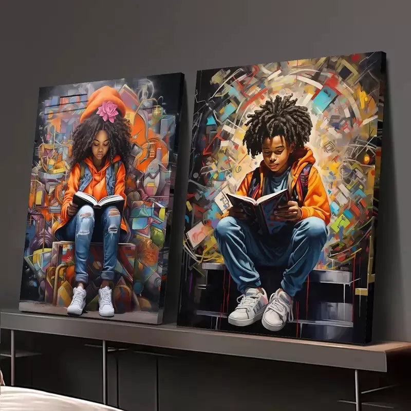 2pcs African Children Book Theme Framed Wall Art - 50x75cm High Quality Canvas Print | 100% Australian Made | Ready to Hang | Perfect for Nursery, Kids Room & Classroom Decor