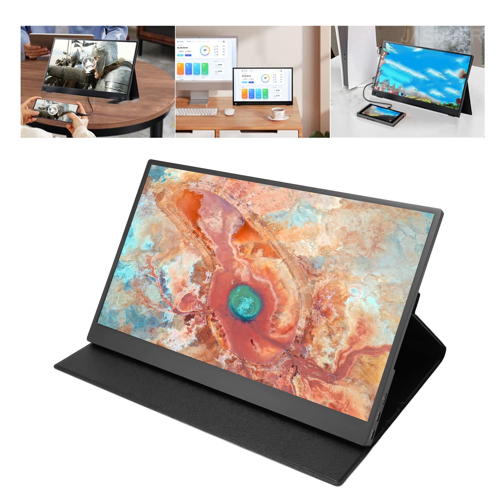 Denash 17.3 Inch Portable Monitor - 1080P FHD HDR USB-C External Screen with PU Leather Cover for Laptop, PC, Mac, PS5 | Perfect for Business Travel, Home Office & Gaming Setup