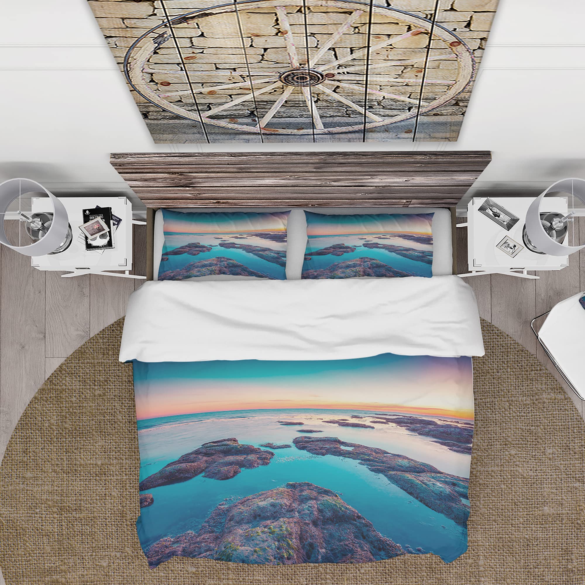 Blue Sicily Island Nautical Duvet Cover Set Queen - 3 Piece Coastal Beach Bedding for All Seasons | Perfect for Beach House, Coastal Decor & Nautical Themed Bedrooms