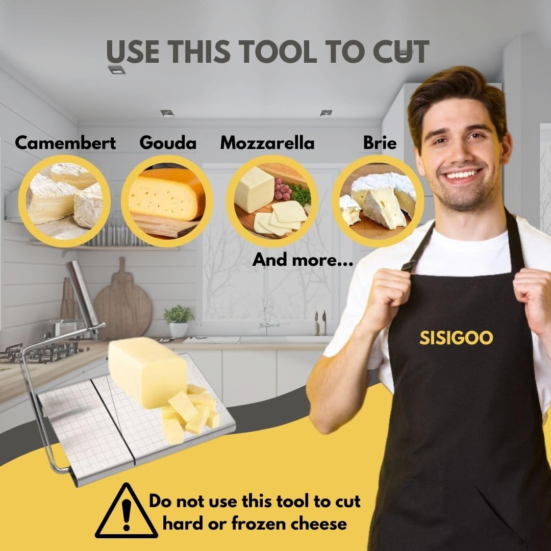Premium Handheld Cheese Cutter & Grater Set - Stainless Steel Wire Slicer for Block Cheese with Wooden Board + 5 Replacement Wires - Perfect for Kitchen, Charcuterie Boards & Party Platters