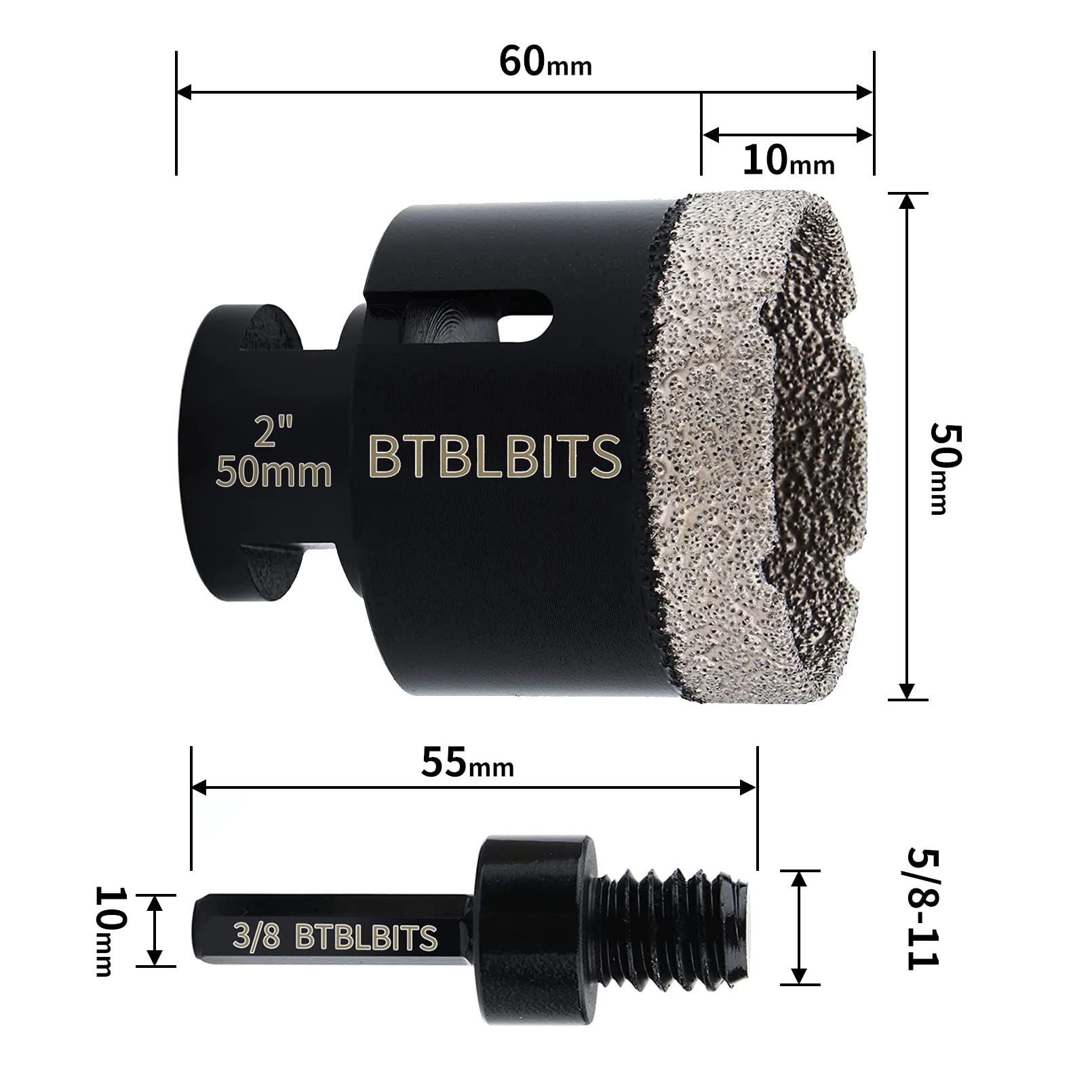 2 Inch (50mm) Diamond Core Drill Bit - Vacuum Brazed Tile Hole Saw for Angle Grinder - Porcelain, Ceramic, Granite, Brick & Marble - 5/8-11 Thread + 3/8
