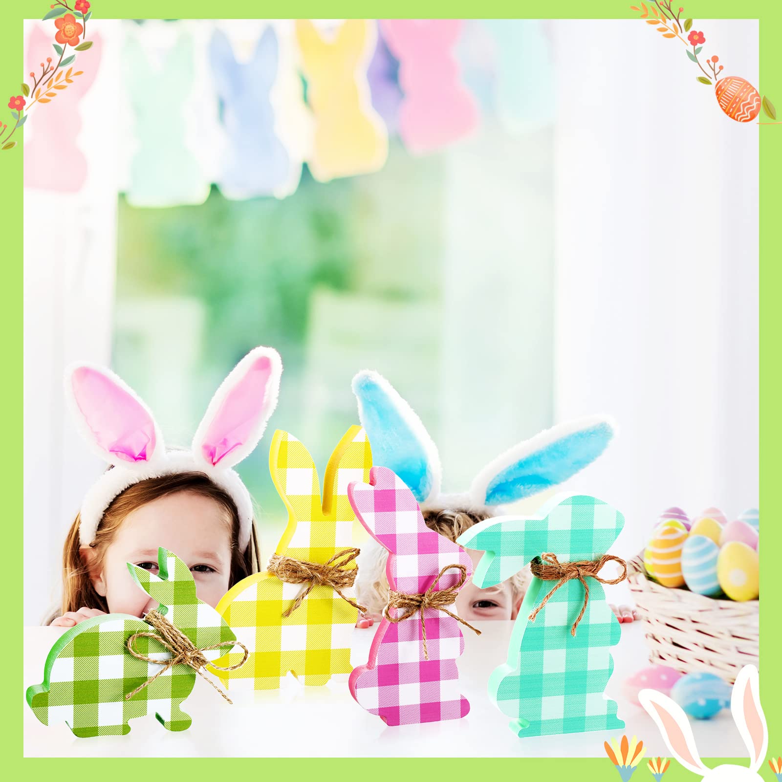 4 Pcs Easter Bunny Wooden Table Signs - Bunny Shaped Farmhouse Decor for Spring, Easter Bunny Dining Room Table Decor with Rope (Plaid) - Perfect for Easter Celebrations, Home Decor, and Seasonal Party Decorations