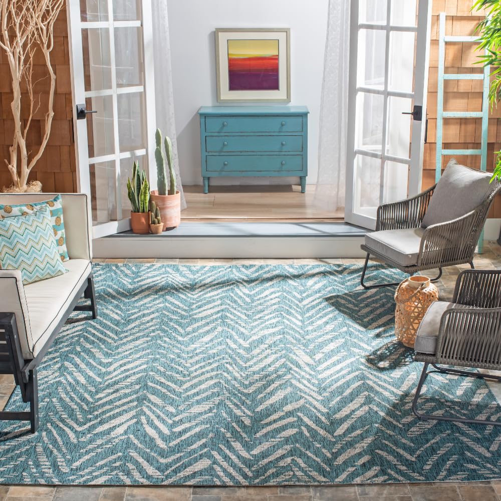 SAFAVIEH Courtyard Collection 9' x 12' Blue & Grey Area Rug CY8387 - Indoor/Outdoor Waterproof, Easy to Clean, Stain Resistant - Perfect for Patio, Backyard, Mudroom, Deck & Poolside