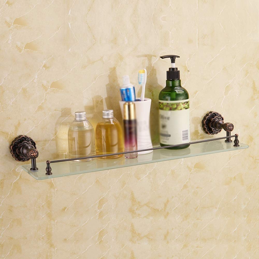 Antique Black Copper Carved Base Floating Shelves - 55CM Tempered Glass Wall Mounted Bathroom Shelf for Toilet, Makeup Storage & Organizer - Perfect for Small Space Decor, Vanity Organization and Bathroom Storage Solutions
