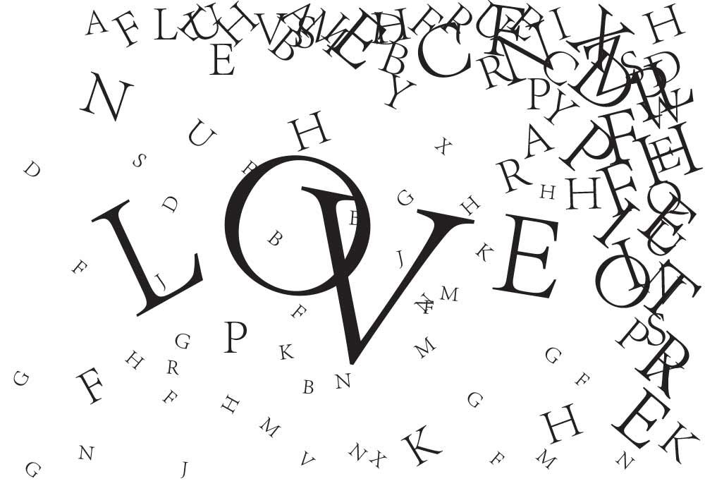 Wall26 - Scattered Black Serif Letters Around The Word Love - Removable Wall Mural Sticker, Large Home Decor Art (66x96 inches) for Living Room, Bedroom, Nursery & Office