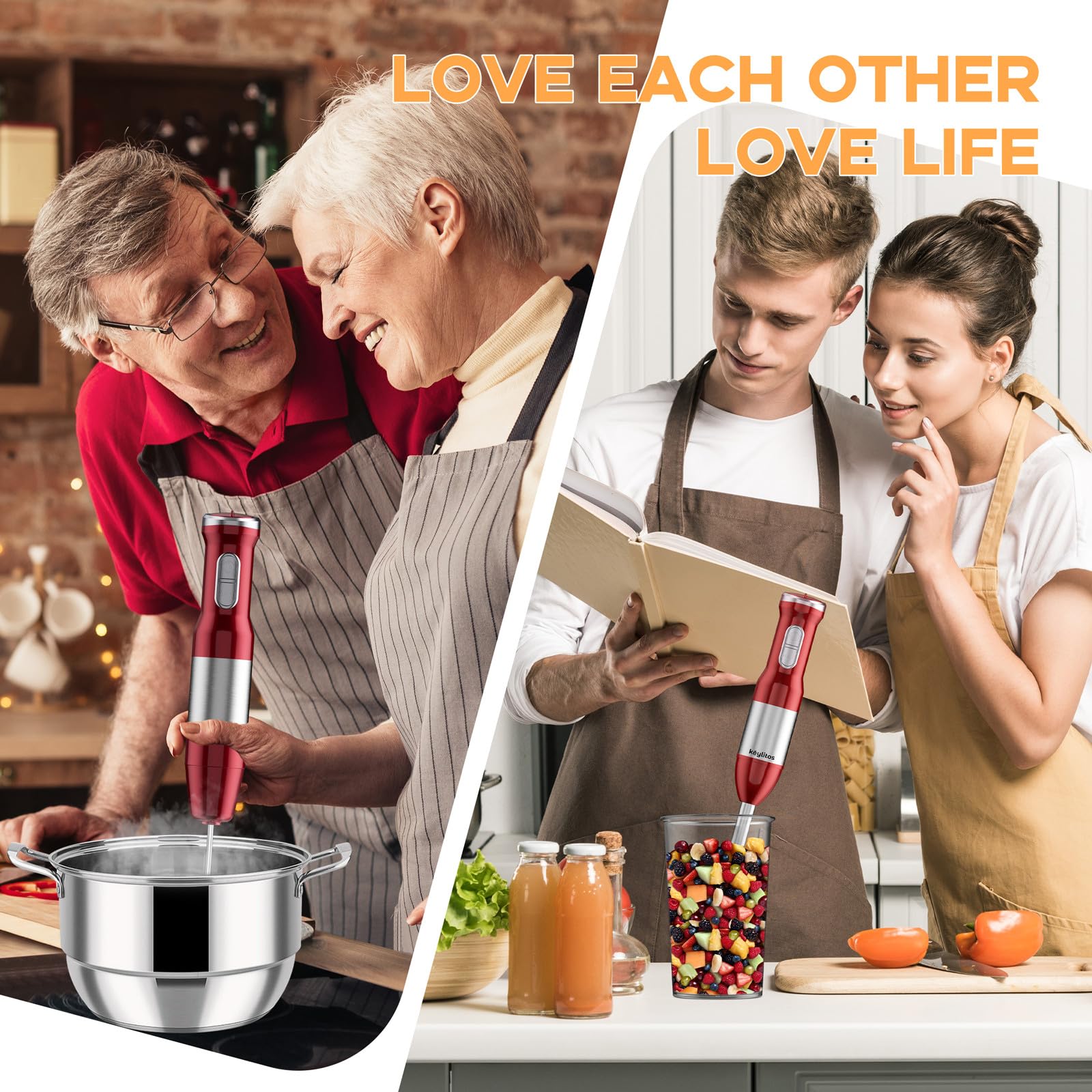 Keylitos 5-in-1 Immersion Hand Blender Mixer - 1000W Powerful Stick Blender with 600ML Food Chopper, 800ML Mixing Beaker, Whisk & Milk Frother - Perfect for Smoothies, Baby Food, Sauces, Purees & Soups - Ideal for Kitchen, Home Cooking & Meal Prep (Red)
