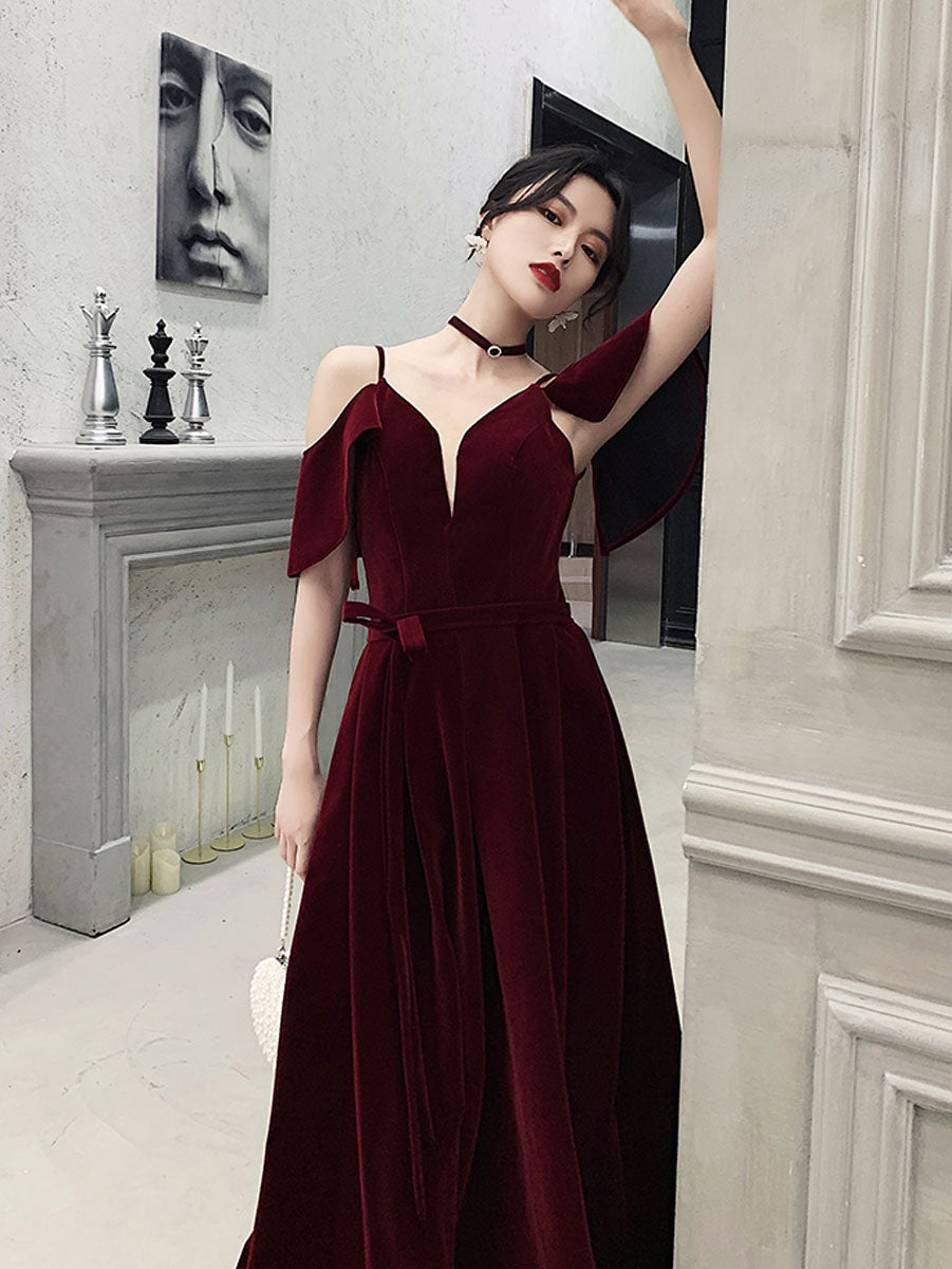 Elegant Burgundy Off Shoulder Velvet Long Prom Dress - Formal Evening Gown for Women | Perfect for Homecoming, Wedding Guest, and Special Occasions