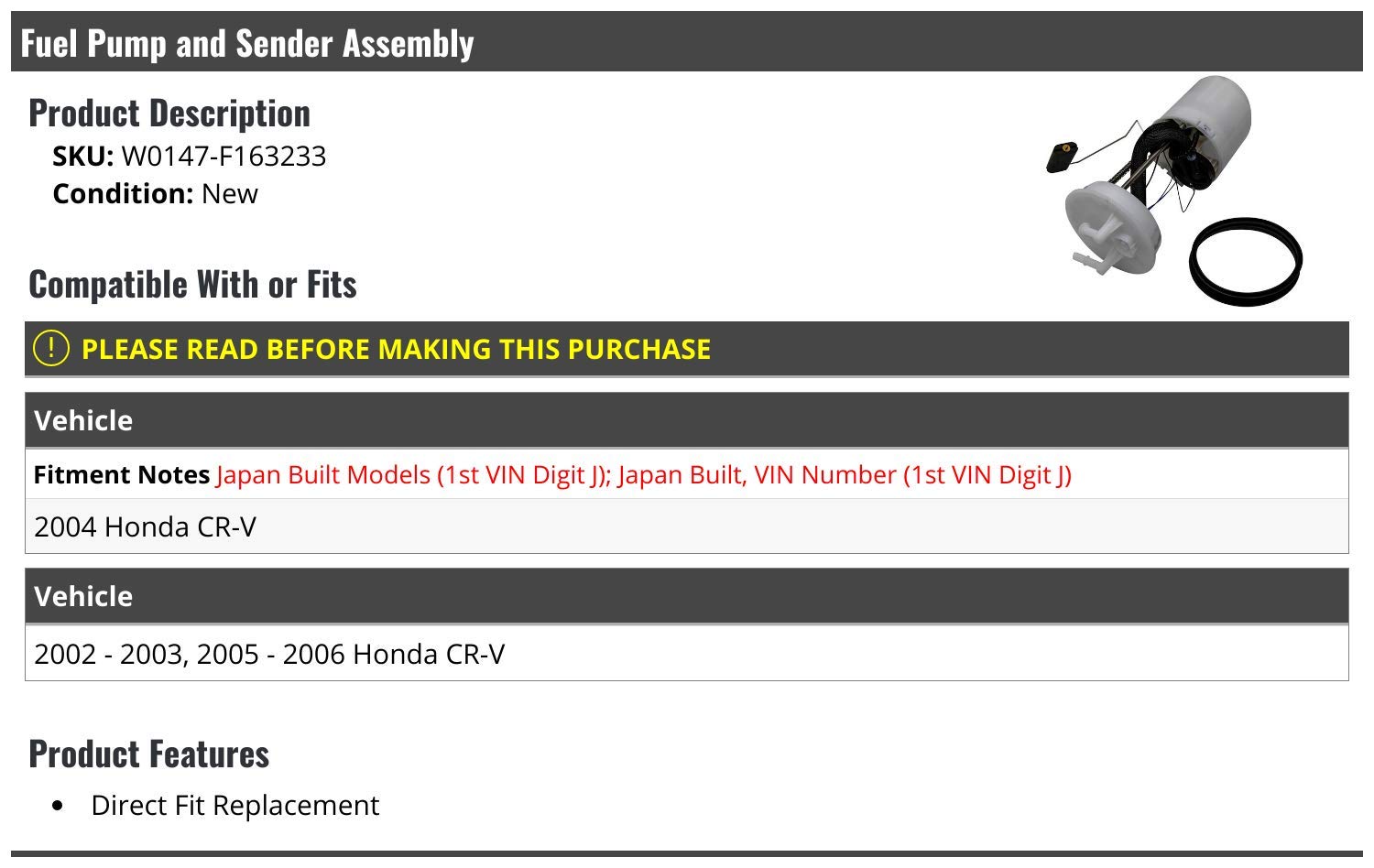Fuel Pump and Sender Assembly Replacement for 2002-2006 Honda CR-V - High Performance Fuel Delivery System - Perfect for Engine Maintenance & Fuel Efficiency Improvement