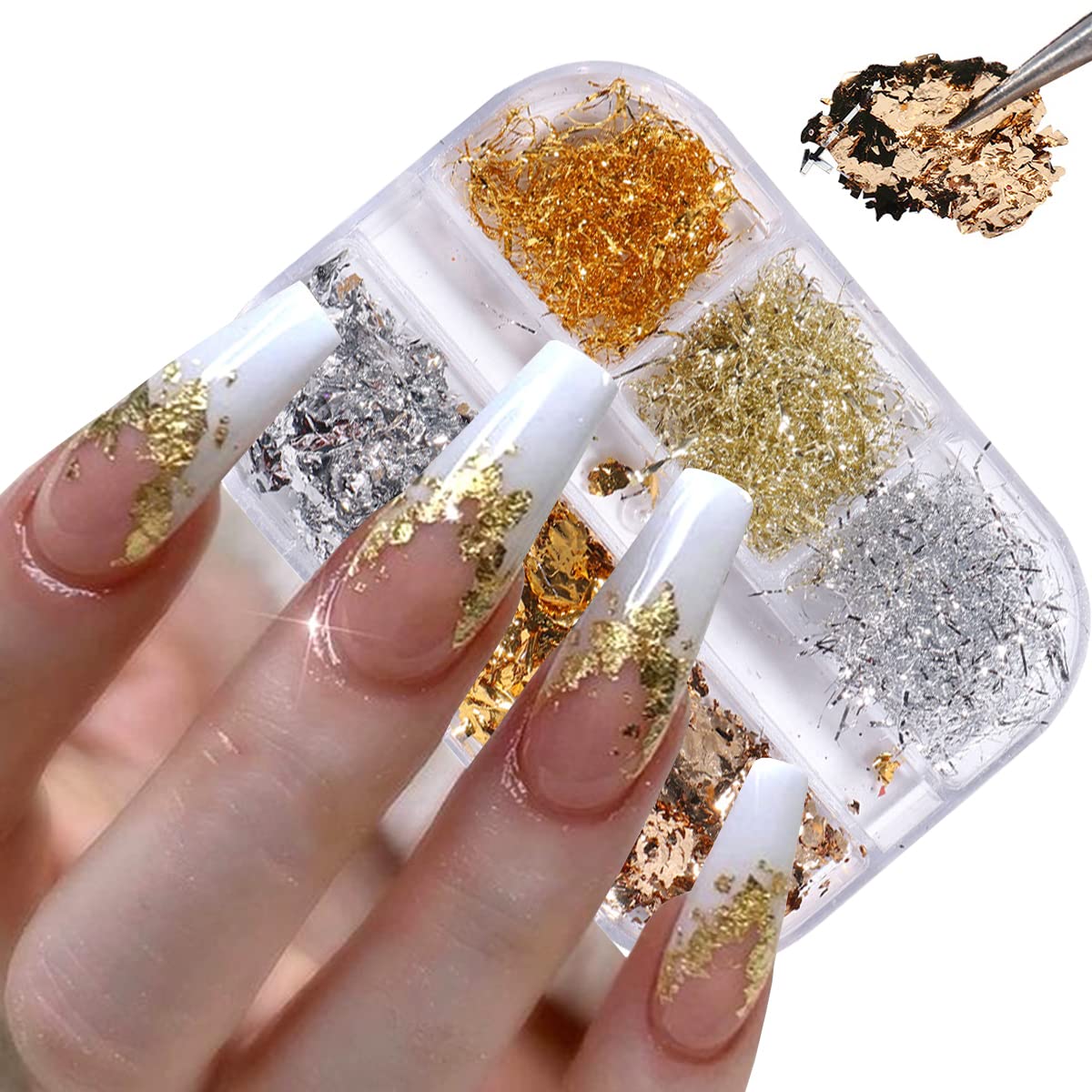 Holographic Nail Foil Flakes - 3D Sparkly Gold & Silver Glitter Sequins for Nail Art - DIY Acrylic Nails Design - 6 Grids - Perfect for Salon, Party, Wedding & Special Occasion Nail Decorations