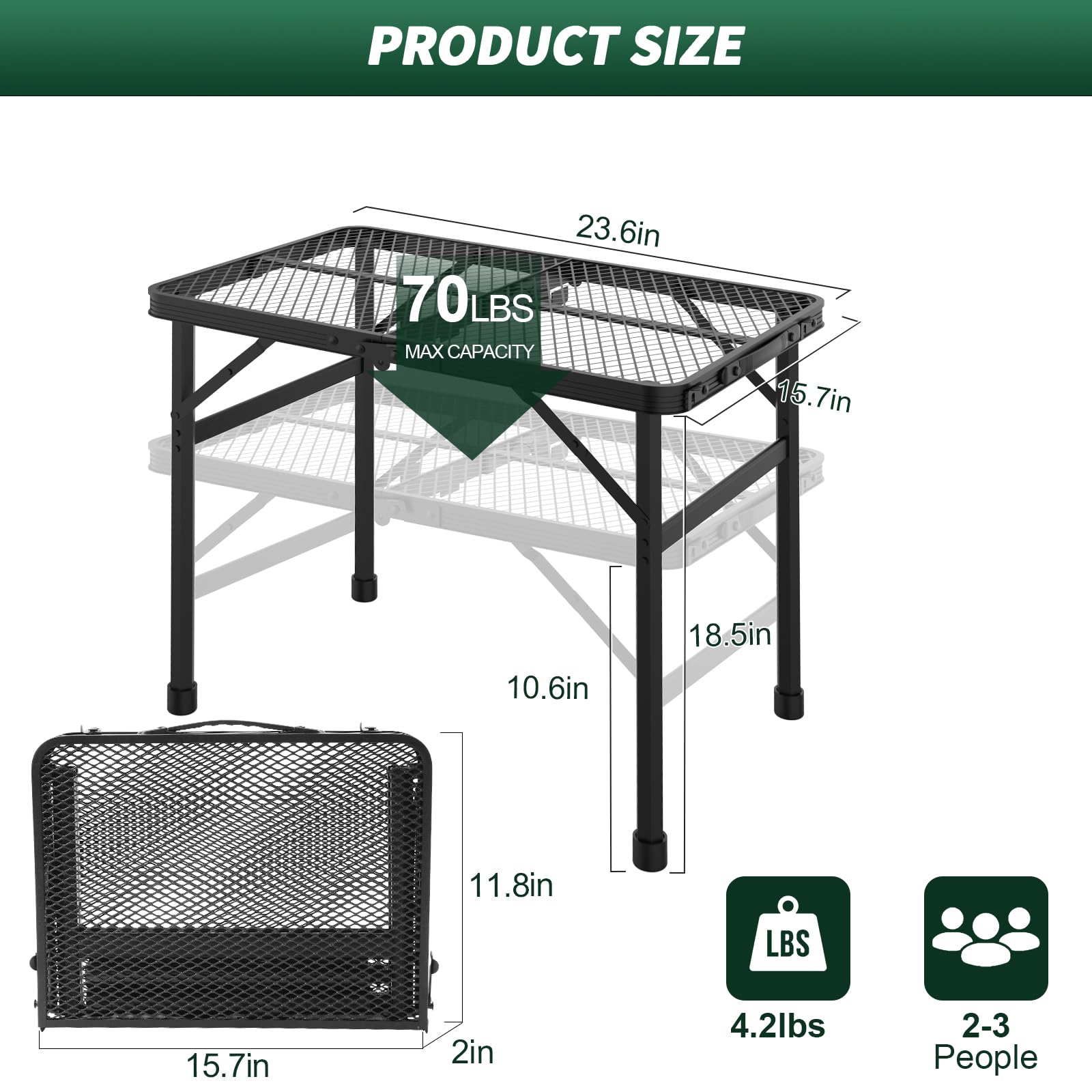 Portable Folding Camping Table 2x1.3 FT - Lightweight Outdoor Picnic Table with Mesh Desktop & Storage Bag - Perfect for BBQ, Beach, Tailgating & Backpacking (Black)