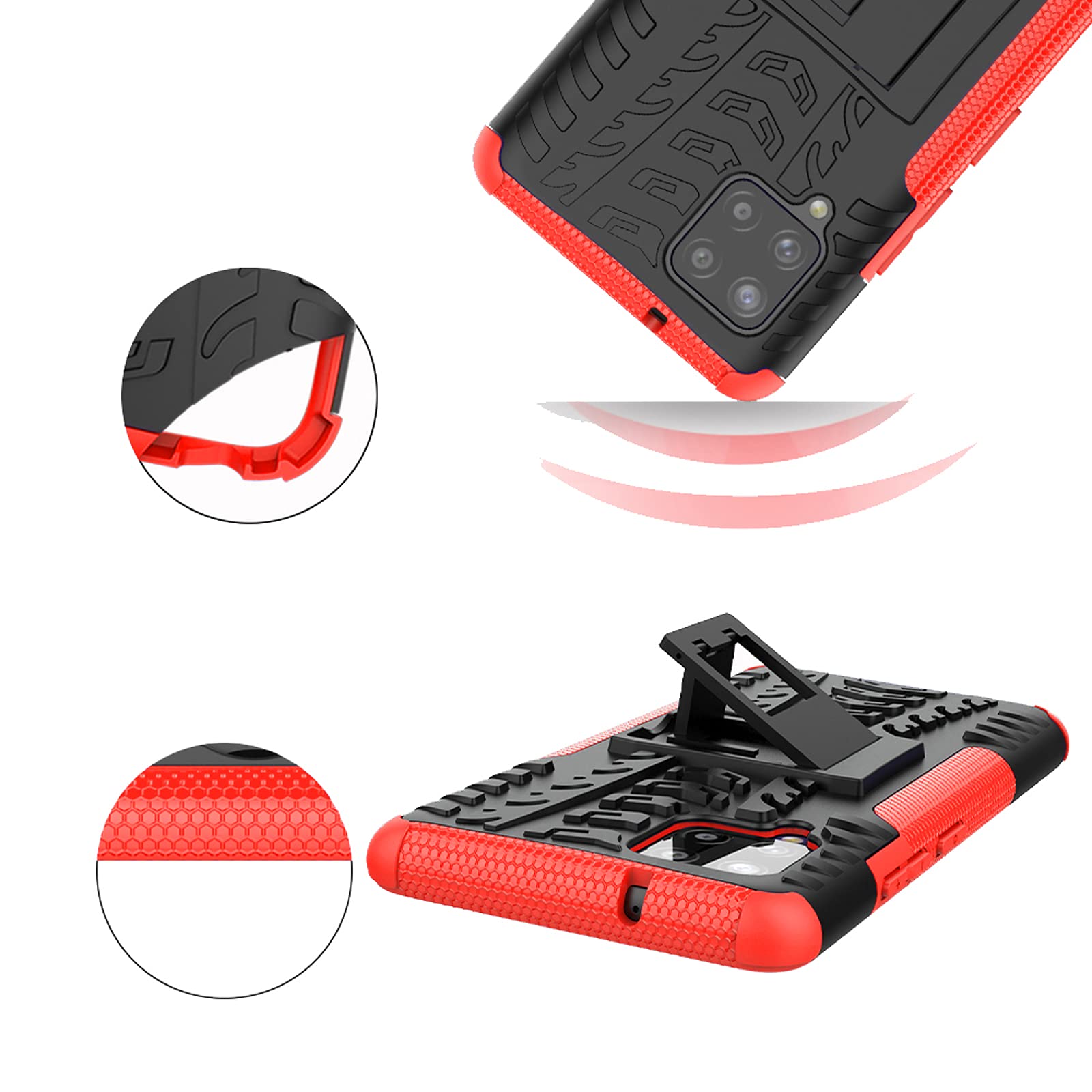 Samsung Galaxy A42 5G Phone Case with Tempered Glass Screen Protector, Kickstand & Rugged Hybrid Cover - Shockproof Protective Case for Men & Women (Black/Red) - Perfect for Work, Travel & Outdoor Activities