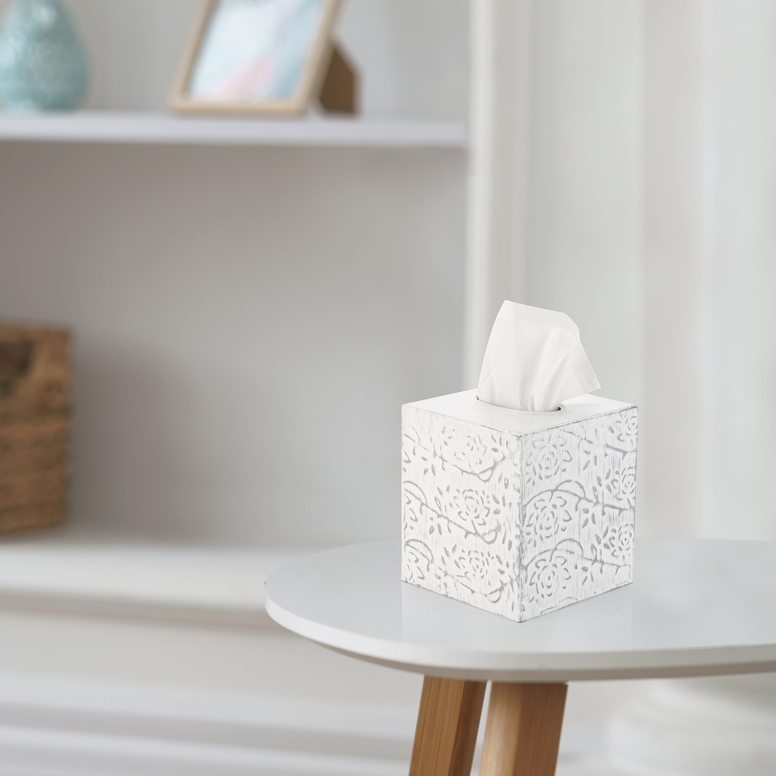 Modern Farmhouse Tissue Box Cover - Decorative Square Kleenex Holder in Distressed White & Rustic Metal - Country Chic Bathroom & Living Room Decor