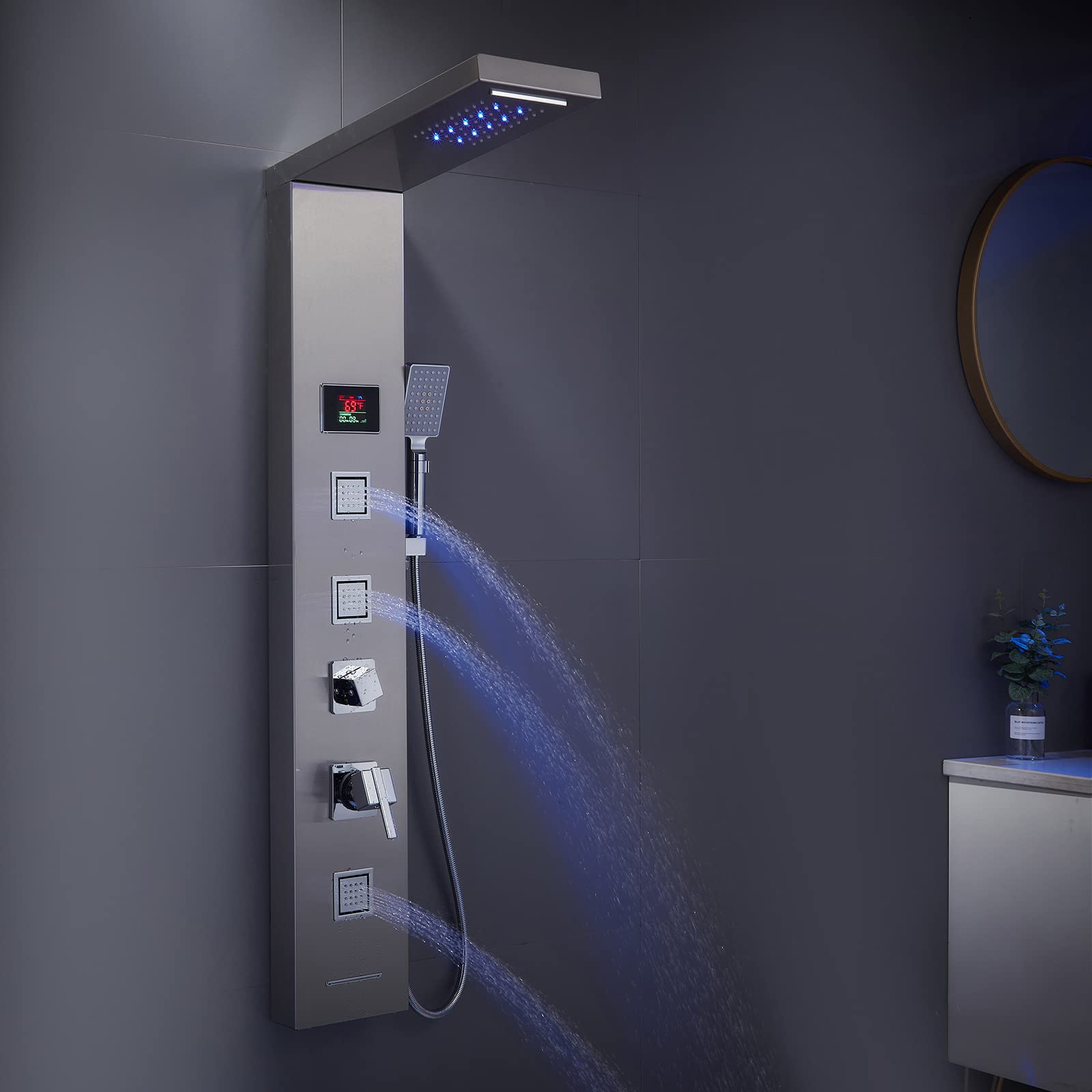 MENATT LED Shower Panel - 5-in-1 Shower Tower System with Rainfall Shower Head, Waterfall Spray, Massage Jets, Tub Spout & Handheld Shower - Brushed Nickel Finish for Luxurious Bathroom Upgrade - Perfect for Modern Homes, Spa-Like Experience & Water Therapy