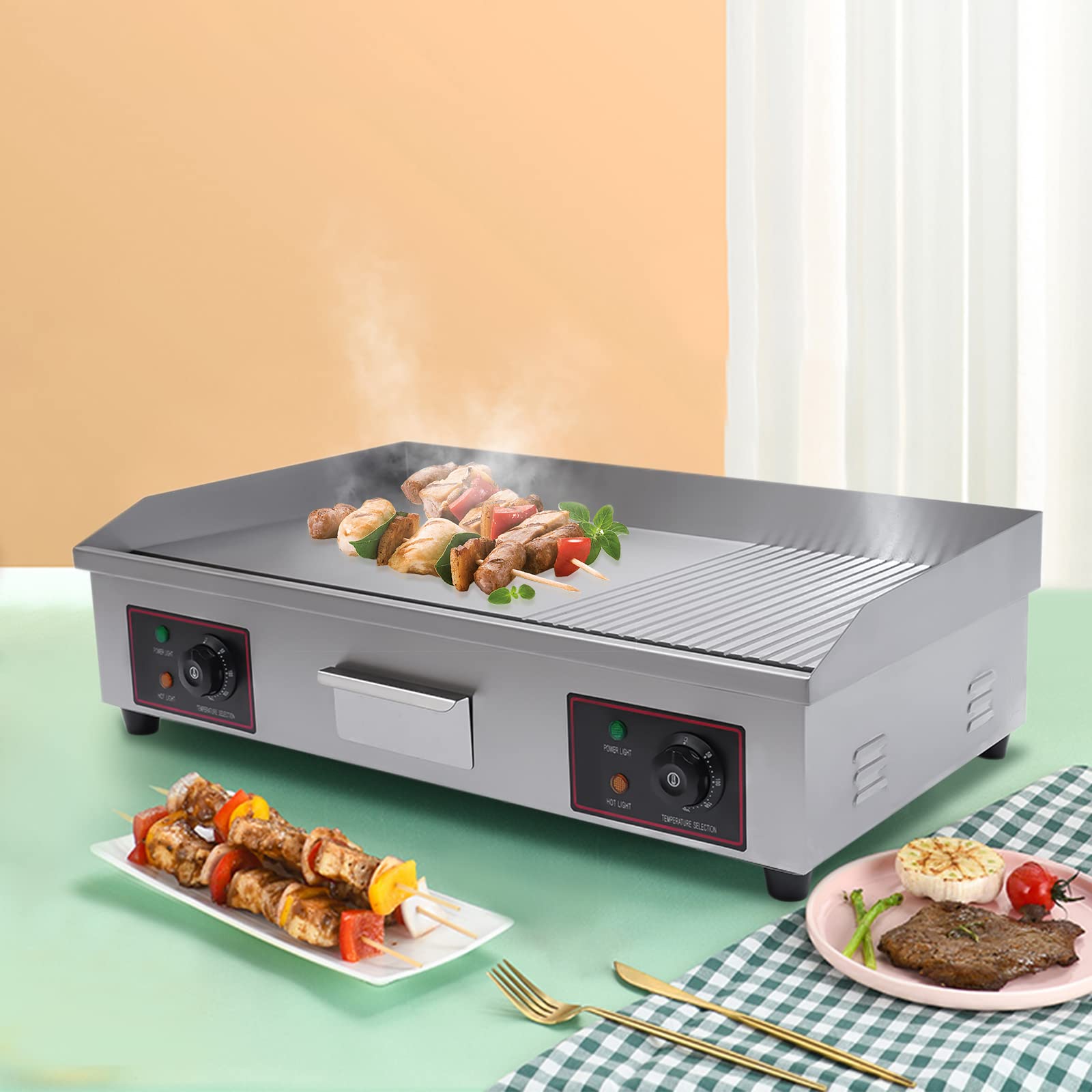 Commercial Electric Griddle Flat Top Grill - 3000W, 110V Hot Plate with Adjustable Temperature Control (122°F-572°F) - Perfect for BBQ, Pancakes, Burgers & Restaurant Countertop Cooking
