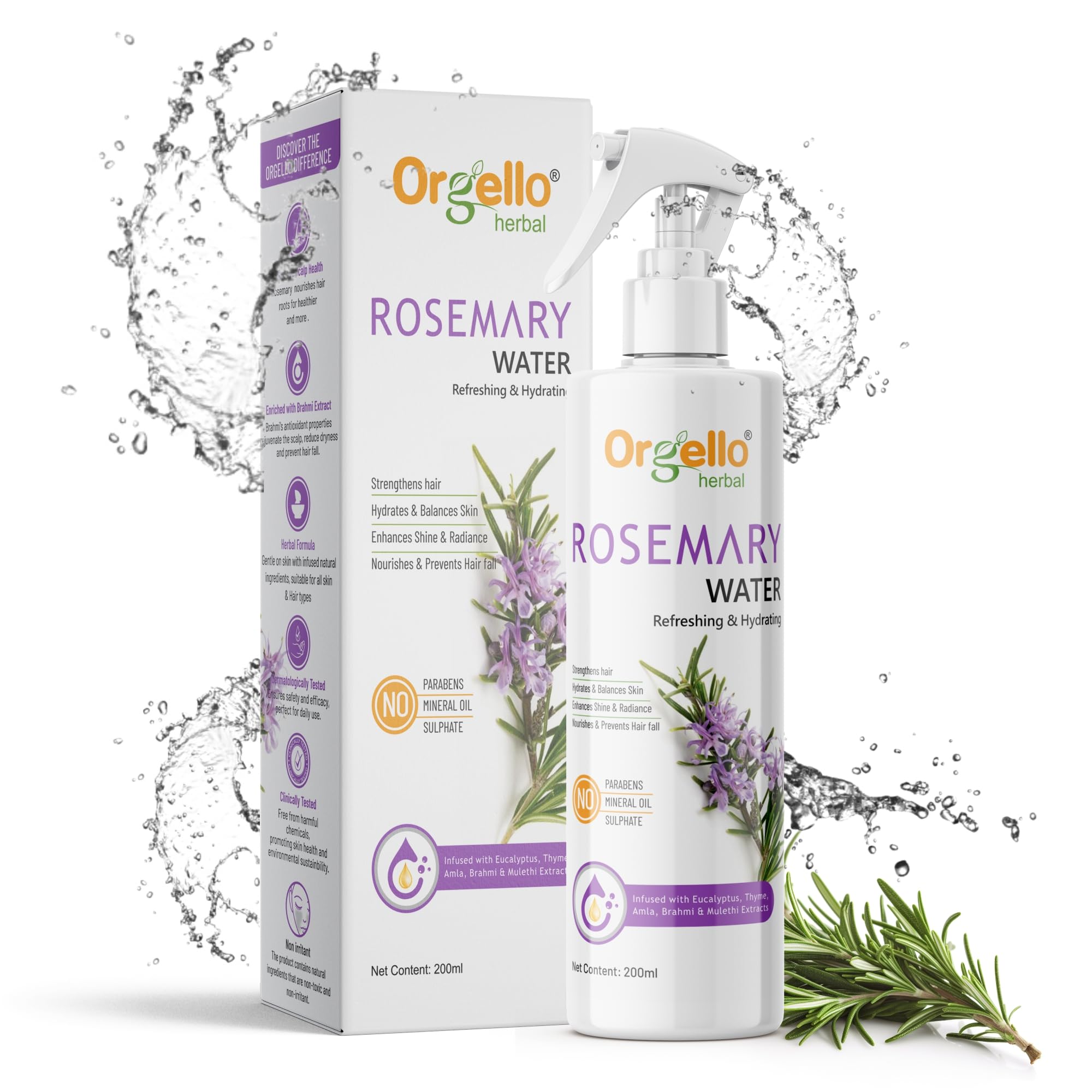 Organic Rosemary Water for Hair Growth & Scalp Care | Natural Hair & Skin Spray to Reduce Hair Fall & Strengthen Hair | Men & Women | 200ml | Perfect for Daily Hair Care Routine & Post-Workout Refreshment