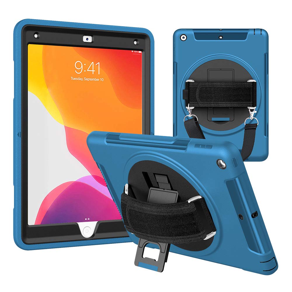 Premium iPad 6th Gen Case (9.7 Inch 2017/2018 Model) - Heavy Duty 3-Layer Rugged Protection with Bonus Screen Protector, Hand Strap & 360° Rotatable Kickstand - Shockproof Cover for iPad 6th Generation - Perfect for Outdoor Adventures, Travel & Daily Commute (Blue)
