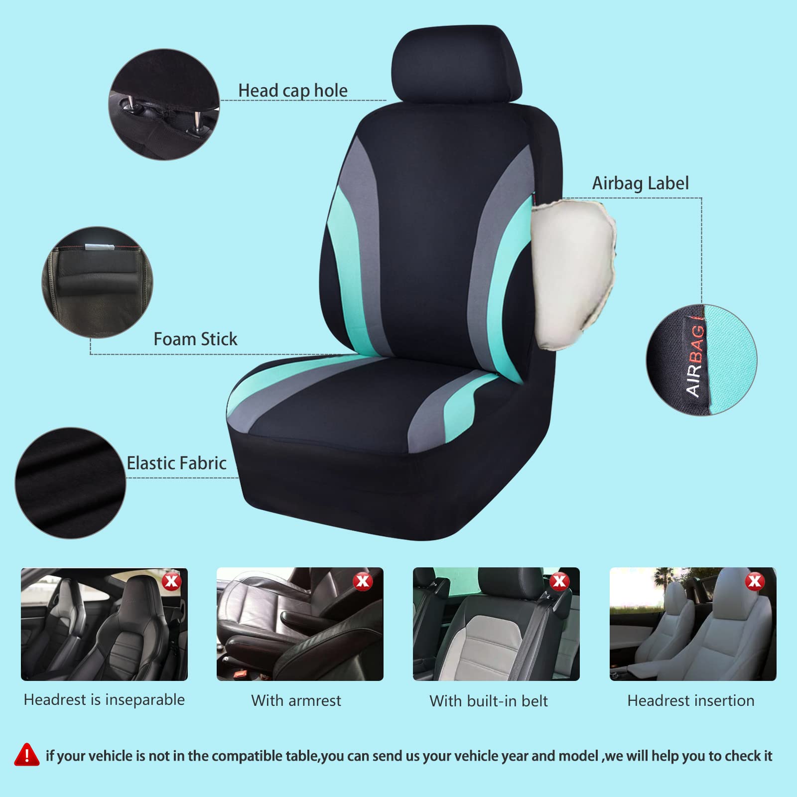 **Universal Waterproof Car Seat Covers & Floor Mats Set (4Pcs) - Airbag Compatible, Durable Automotive Interior Protection for Sedans, Trucks, SUVs & Vans - Sporty Black & Mint Design for Daily Commute, Road Trips & Family Travel**