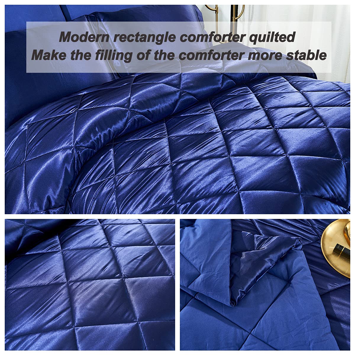 Luxury 8-Piece Satin Queen Comforter Set - Silky Soft Bedding Set with Comforter, Sheets, 2 Pillowcases, 2 Shams & Bed Skirt - Navy Blue - Perfect for Master Bedroom, Guest Room & Hotel Decor