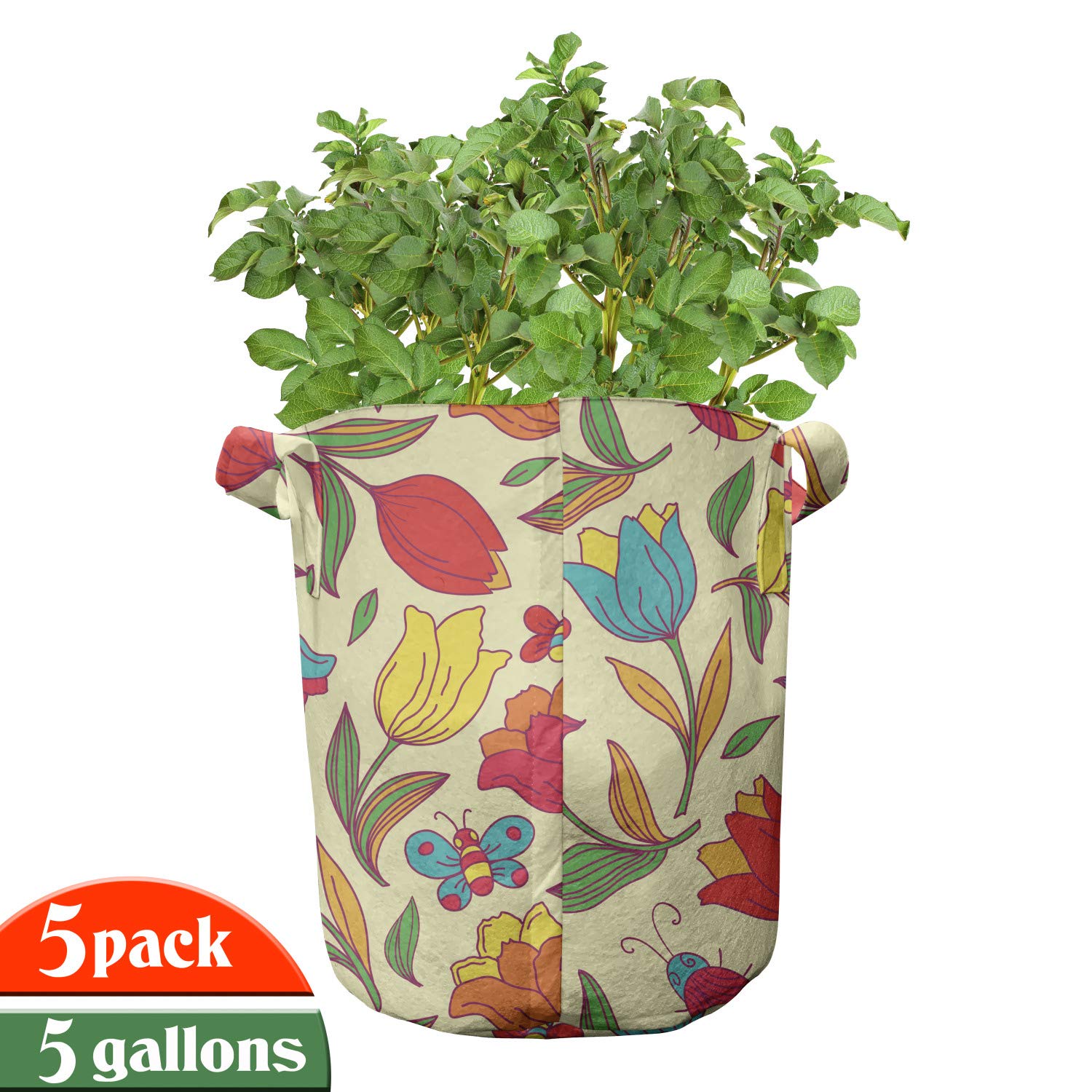 Ambesonne 5-Pack Butterfly Grow Bags - Heavy Duty Fabric Plant Pots with Handles, Abstract Exotic Wings Design in Pink - Perfect for Indoor/Outdoor Gardening, Herbs, Vegetables & Flower Planting