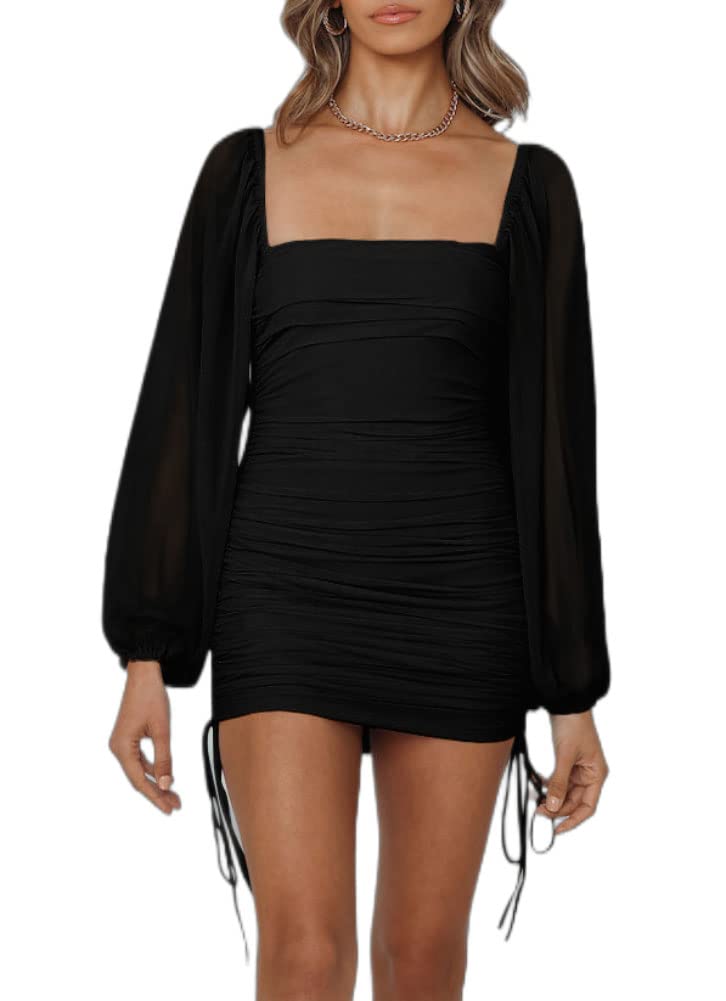 Women's Mesh Bodycon Mini Dress - Square Neck Long Sleeve Ruched Party Dress for Homecoming, HOCO, Club, Wedding Guest | Perfect for Night Out, Date Night & Special Occasions