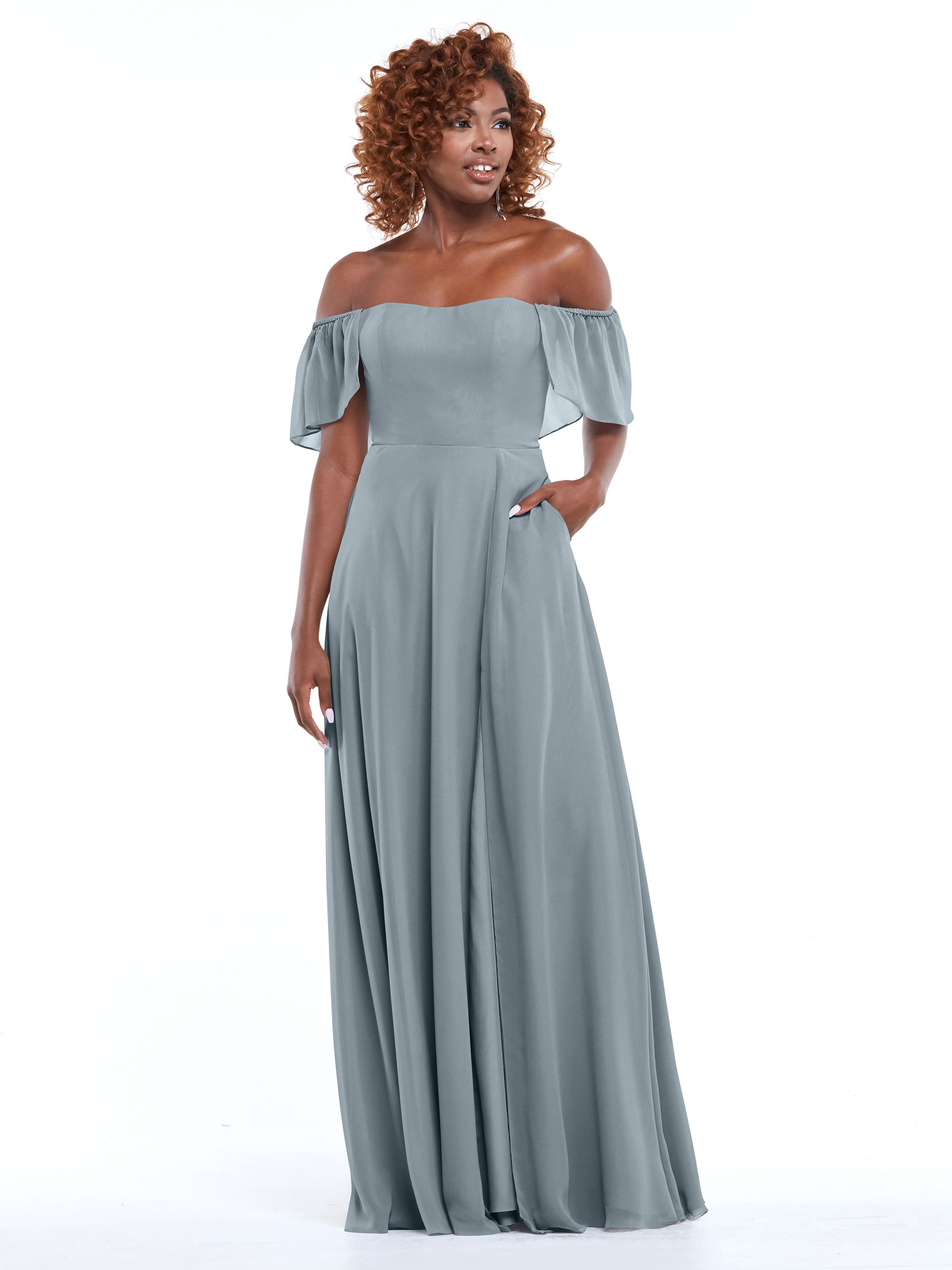 Elegant A-Line Off-The-Shoulder Chiffon Bridesmaid Dress with Pockets - Perfect for Weddings, Formal Events & Special Occasions