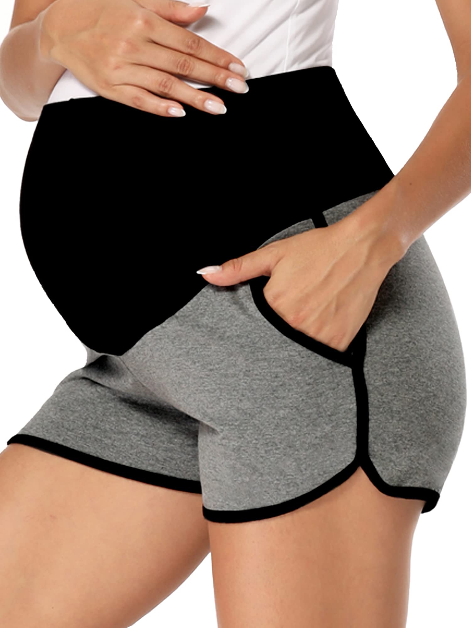 FitGlam Women's Maternity Shorts - Over Belly Pregnancy Lounge, Workout & Sleep Shorts with Pockets - Comfortable for Yoga, Running & Relaxing at Home