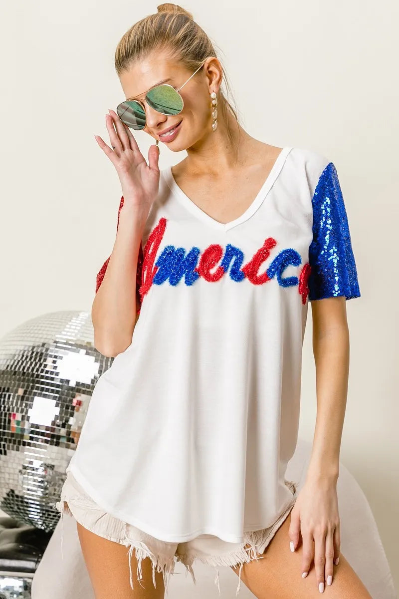 BiBi Metallic Letter V-Neck Sequin Sleeves Top for Women | Party Wear, Club Outfit, Evening Dress, Special Occasion Fashion
