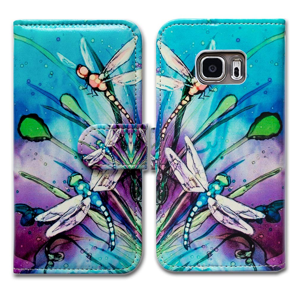 Premium Leather Wallet Case for Samsung Galaxy S7 - Cute Dragonfly Design with Card Slots & Kickstand | Slim Protective Flip Cover for Everyday Use & Travel