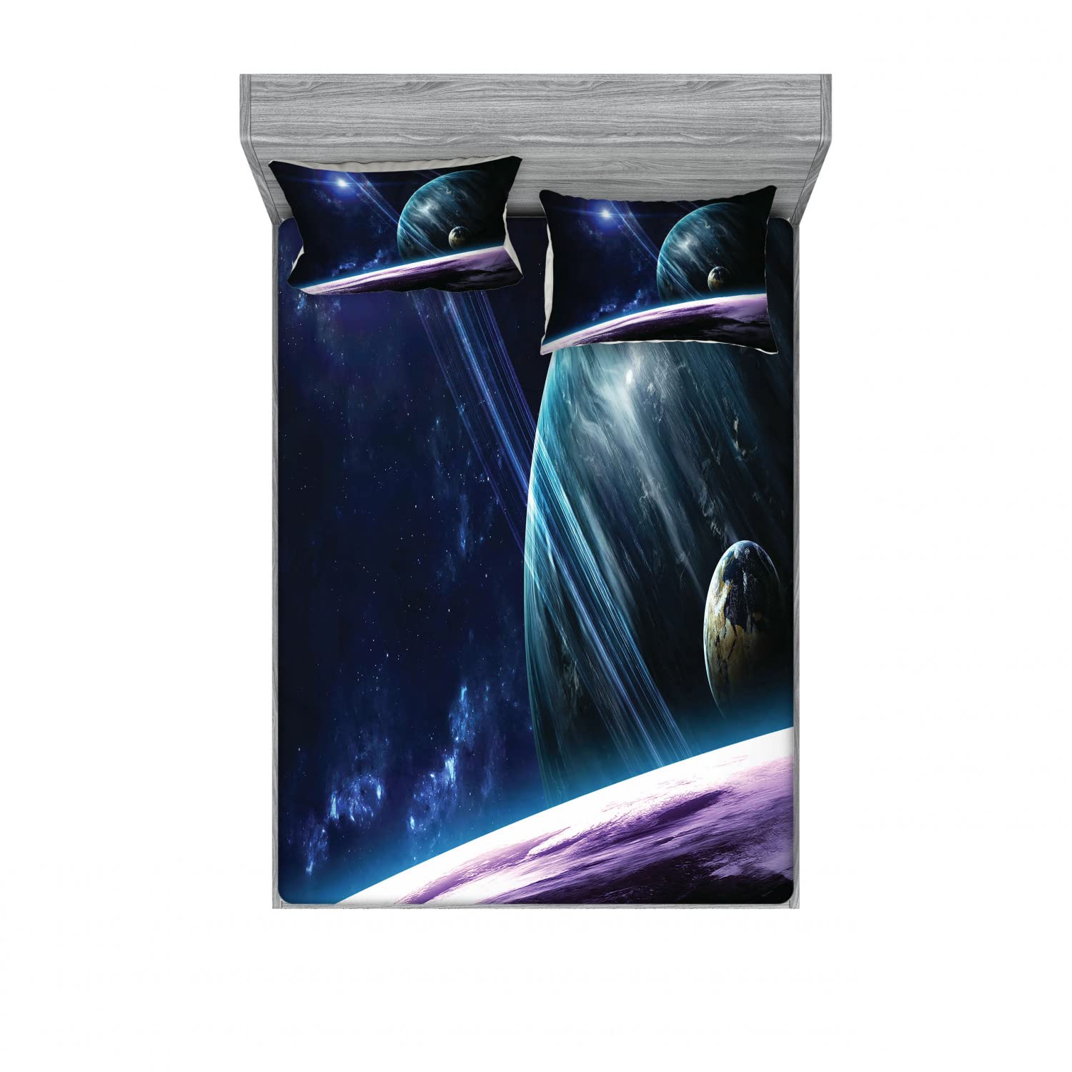 Ambesonne Space Themed 2-Pack Queen Size Fitted Sheet & Pillow Sham Set - Universe with Planets Design, 4 Piece Blue Purple Galaxy Bedding Set (2 Fitted Sheets + 4 Pillow Covers) for Astronomy Lovers' Bedroom Decor