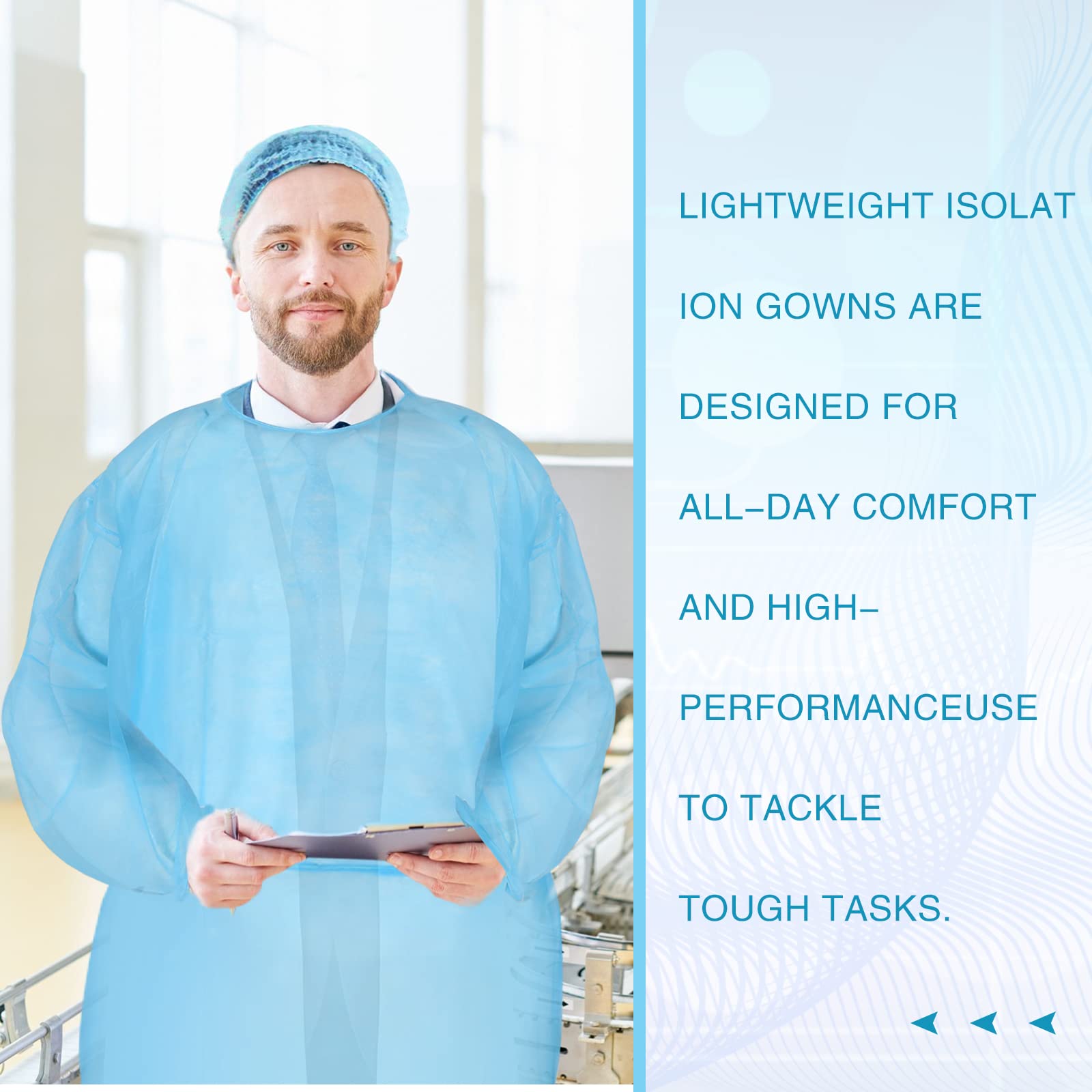 Xuhal 80 Pack Disposable Isolation Gowns - Bulk PPE Gowns with Fully Closed Design & Double Tie Back Elastic Cuffs - Unisex Medical Protective Wear for Home Isolation, Labs, Dental Clinics, Beauty Salons & Tattoo Studios (Blue) - Ideal for Infection Control & Hygiene Protection in Healthcare & Personal Care Settings