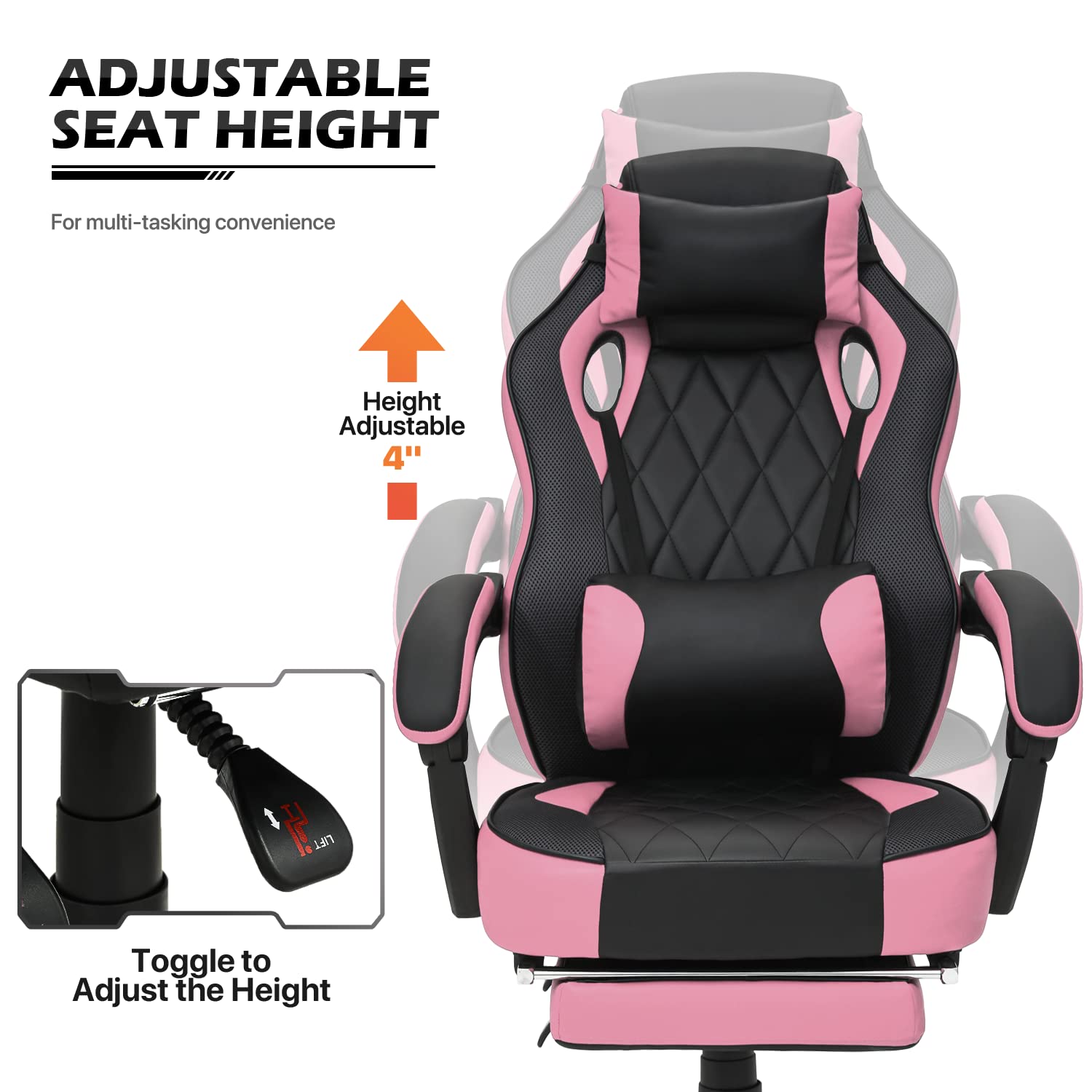 MoNiBloom Ergonomic Gaming Chair with Retractable Footrest & Lumbar Support - 360° Swivel Racing Style PU Leather Computer Chair with Headrest for Home, Office & Bedroom - Perfect for Gaming, Working & Relaxing (Pink)