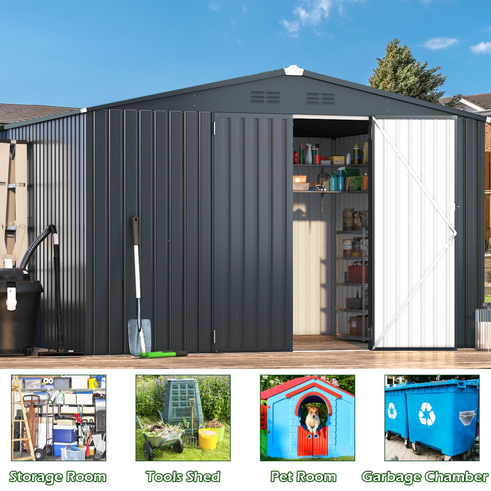 AECOJOY 12' x 10' Large Outdoor Storage Shed with Lockable Doors - Heavy Duty Utility & Tool Shed for Garden, Backyard, Patio - Perfect for Storing Lawn Equipment, Bikes & Seasonal Items (Dark Grey)