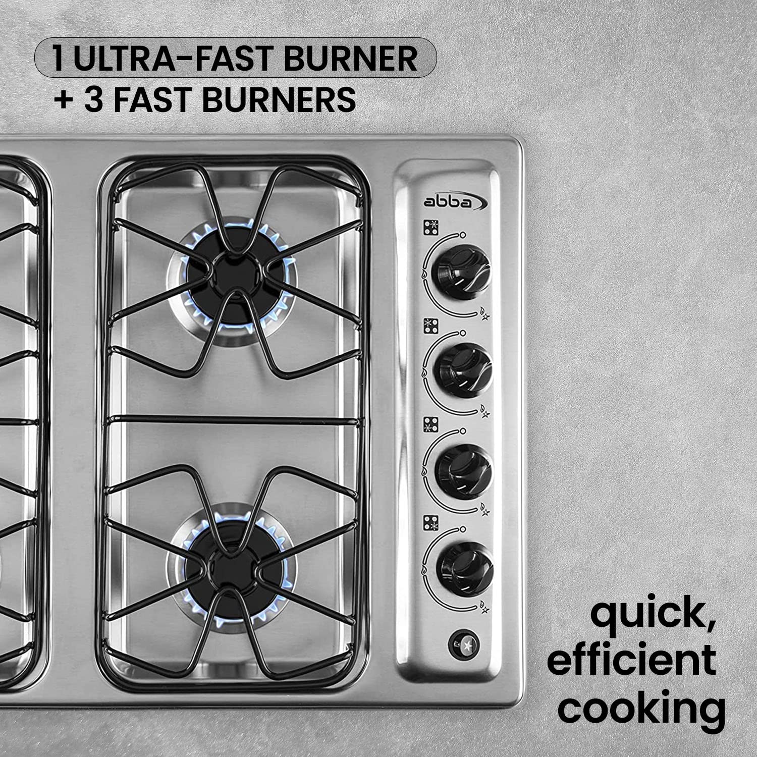 ABBA 24-Inch 4-Burner Gas Cooktop - Stainless Steel Tabletop with SABAF Aluminum Burners & Porcelain Surface | Anti-Spill Design, Easy Cleaning | Perfect for Home Kitchen, RV, Outdoor Cooking (24
