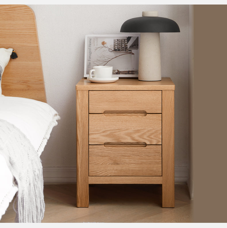 Solid Oak Wood Nightstand with 3 Drawers - Bedside Table for Bedroom, Living Room, or Office Storage