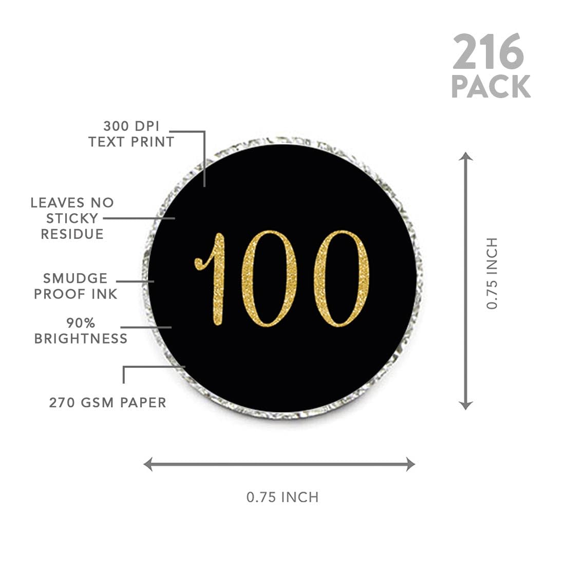 100-Pack Andaz Press Gold Glitter Chocolate Drop Labels - Cheers 100, Happy 100th Birthday, Anniversary & Reunion Stickers (Non-Real Glitter, Black) - Perfect for Party Favors, Kisses, Cupcake Toppers & Gift Wrapping