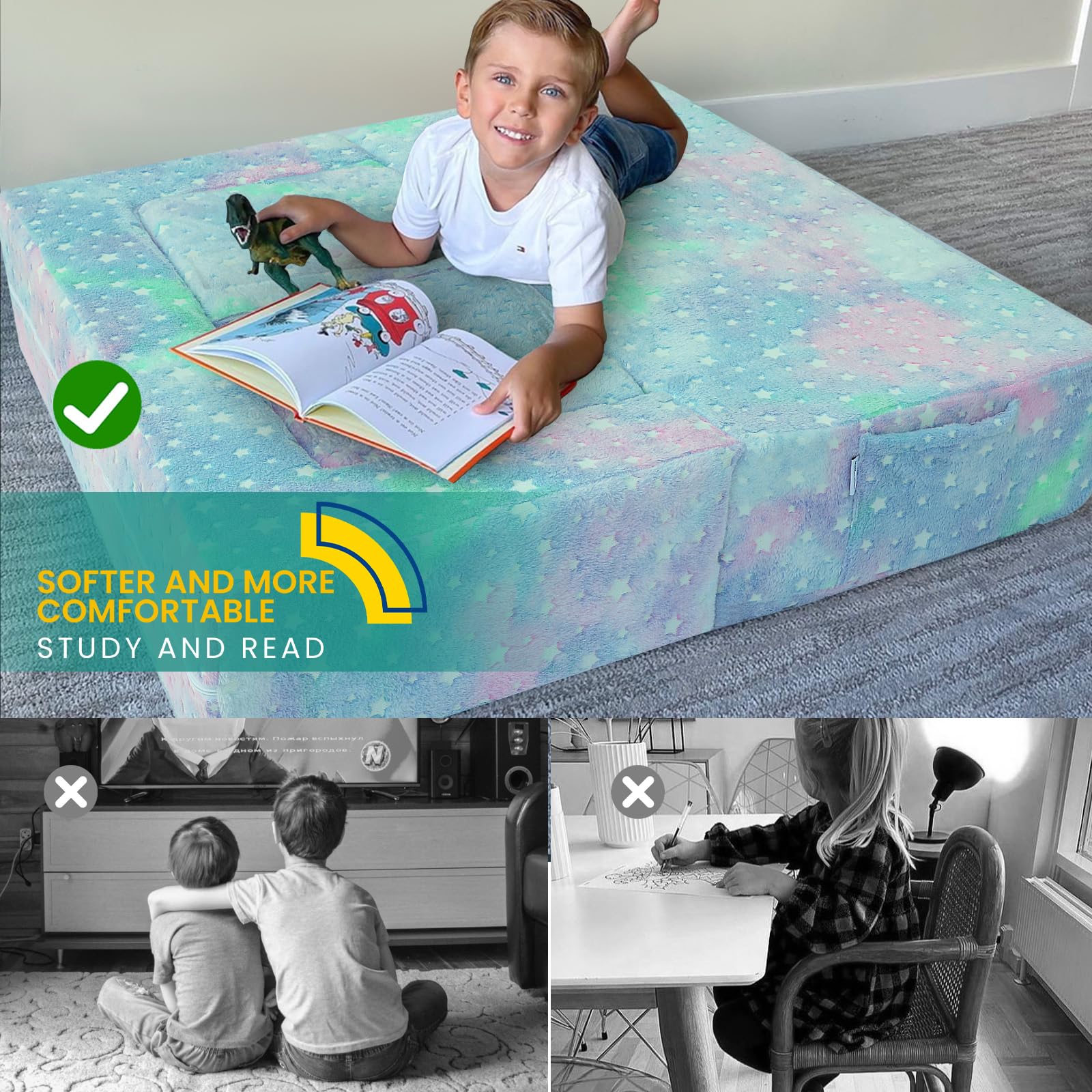 MeMoreCool Kids Play Couch - Glow in The Dark Stars Toddler Sofa | Foldable Modular Furniture for Playroom & Bedroom | Perfect for Playtime, Nap Time & Sensory Play