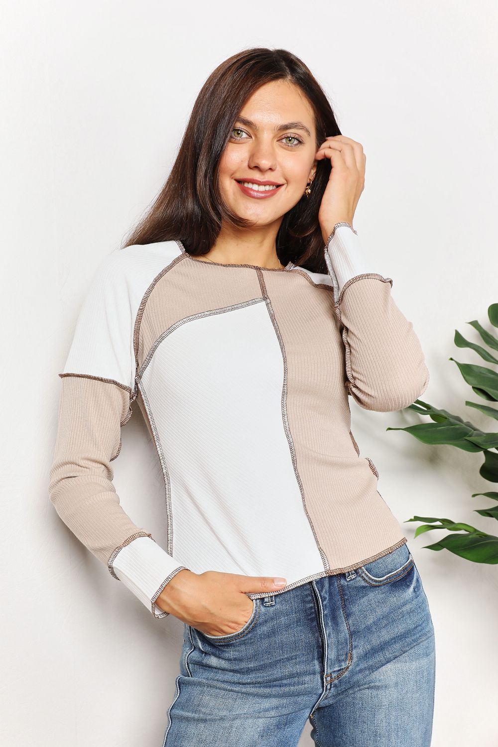 Khaki Color Block Exposed Seam Women's Tops - Trendy Casual Shirt for Streetwear & Everyday Outfits