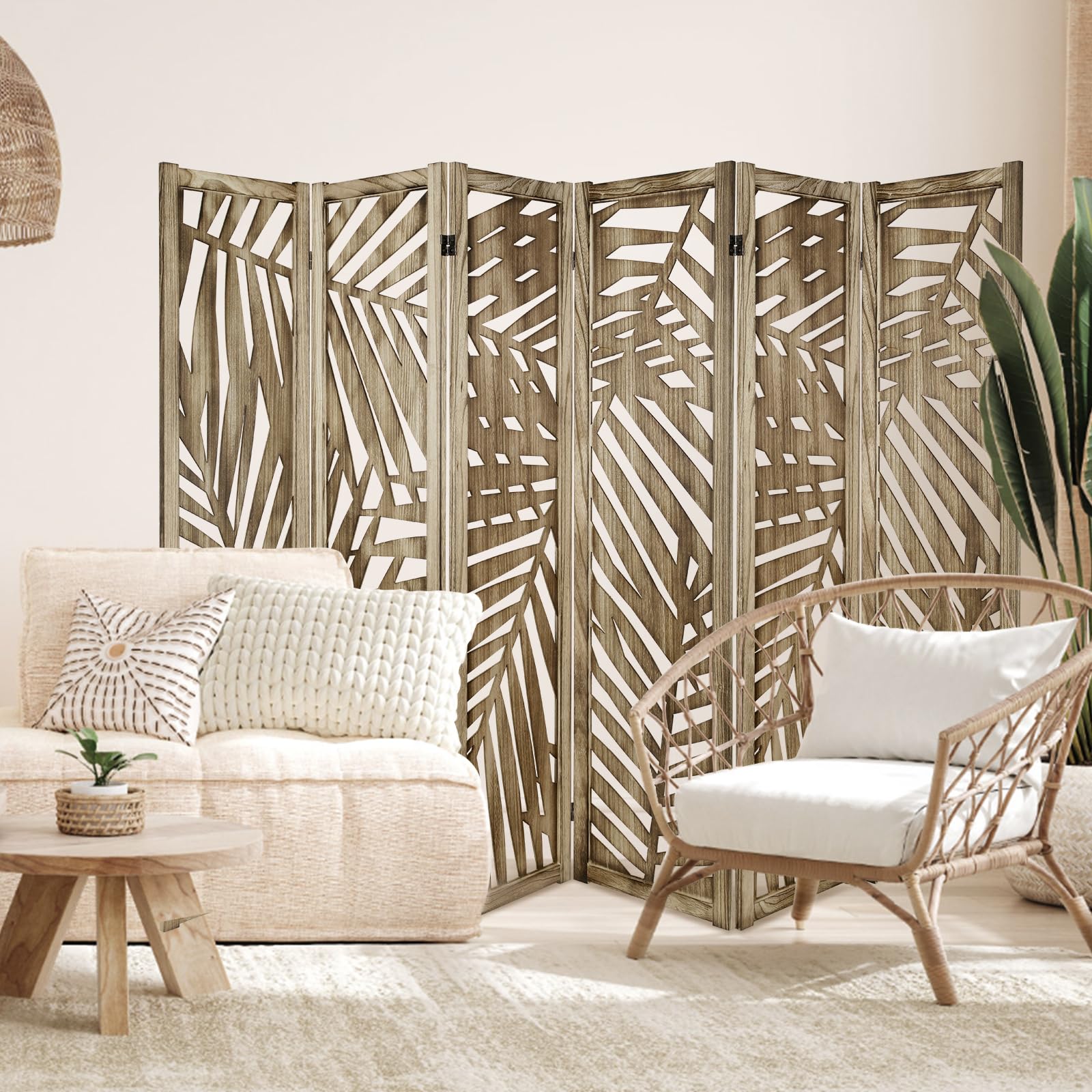 ECOMEX 6-Panel Palm Leaf Room Divider Screen - Freestanding Partition with Retro Leaf Cutout Design in Brown | Perfect for Living Room, Bedroom & Office Privacy
