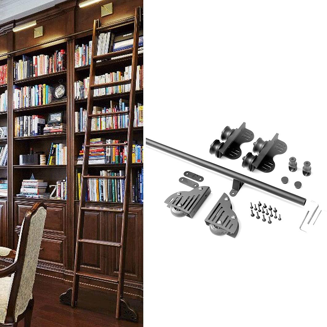 Black Sliding Library Ladder Hardware Kit - 3.3ft to 20ft Adjustable Track System for Bookshelves & Barn Doors - Smooth Silent Roller Mechanism, Easy DIY Installation - Perfect for Home Libraries, Lofts & Storage Spaces