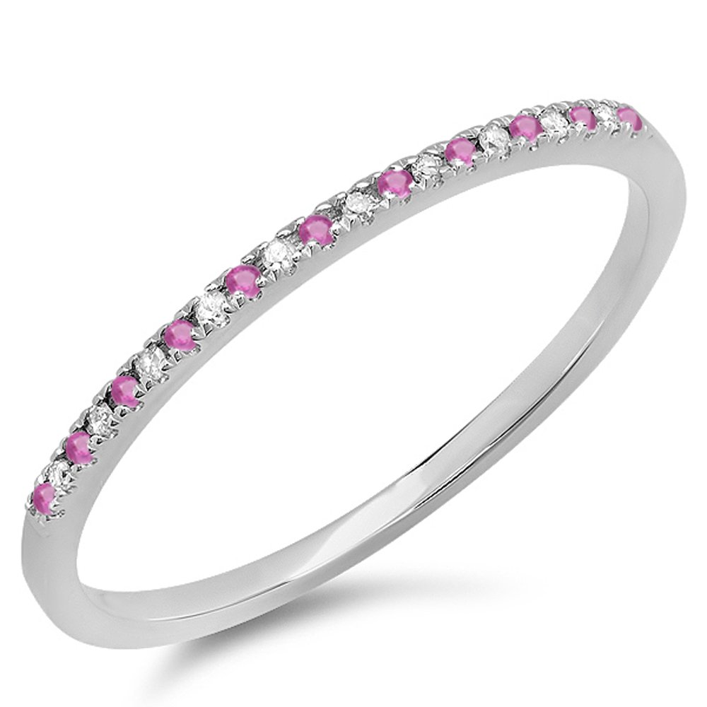 10K Solid White Gold Round Pink Sapphire & White Diamond Stackable Ring for Women - Dainty Anniversary Wedding Band, Elegant Gift for Her - Perfect for Engagements, Anniversaries & Special Occasions