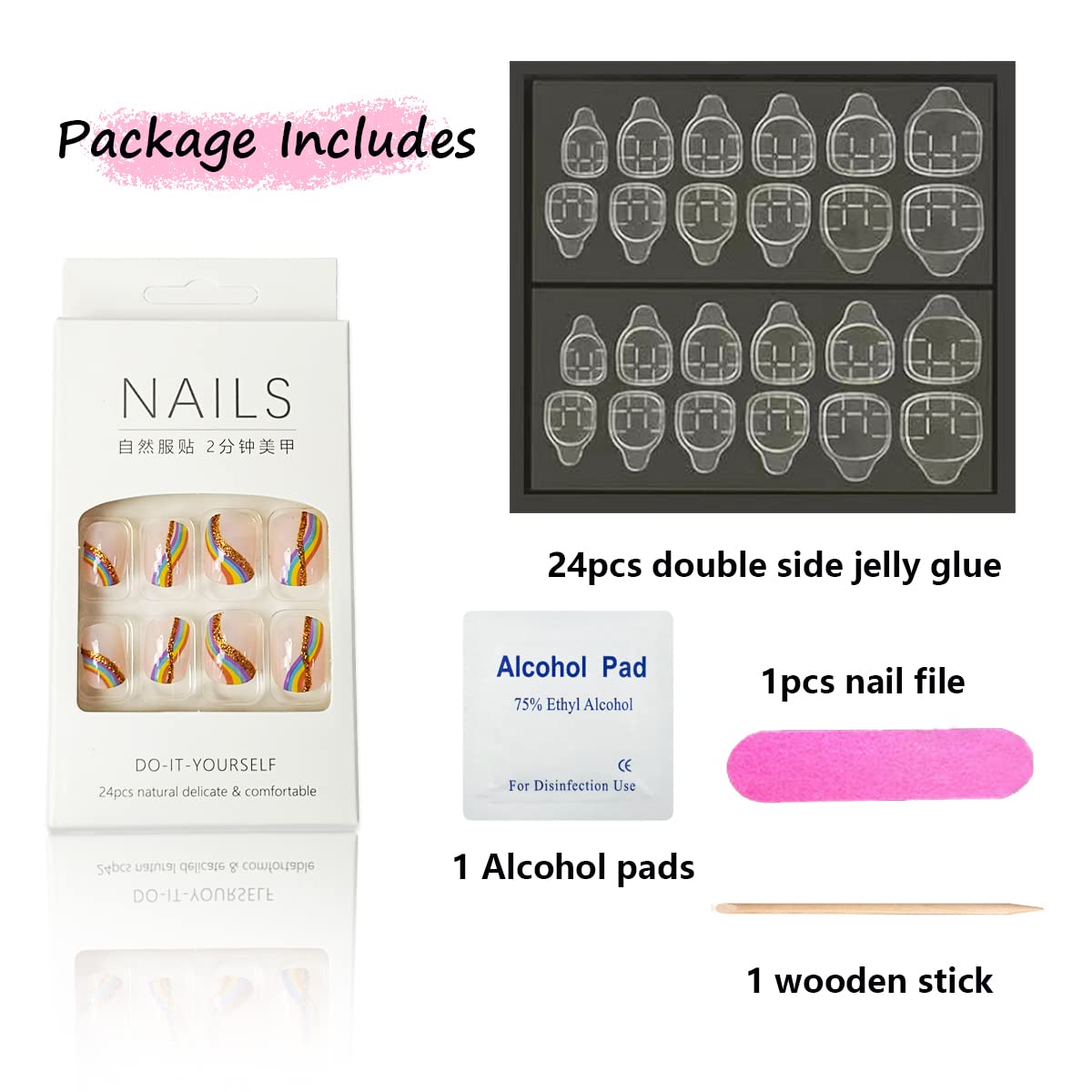 24Pcs Short Press on Nails - Rainbow Glitter Acrylic French Fake Nails with Colorful Stripes & Heart Designs - Square Artificial Nails for Pride, Parties & Everyday Wear
