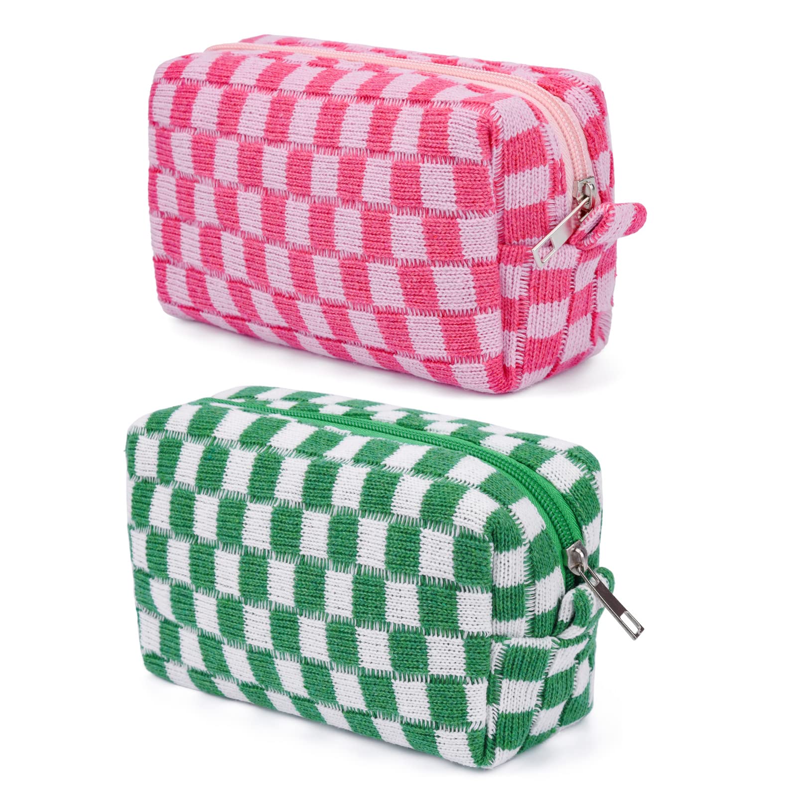 2 Pack Checkered Makeup Bags for Women - Pink & Green Cosmetic Organizer Pouch, Travel Toiletry Storage Bag for Brushes & Accessories | Perfect for Travel, Gym & Daily Beauty Routine