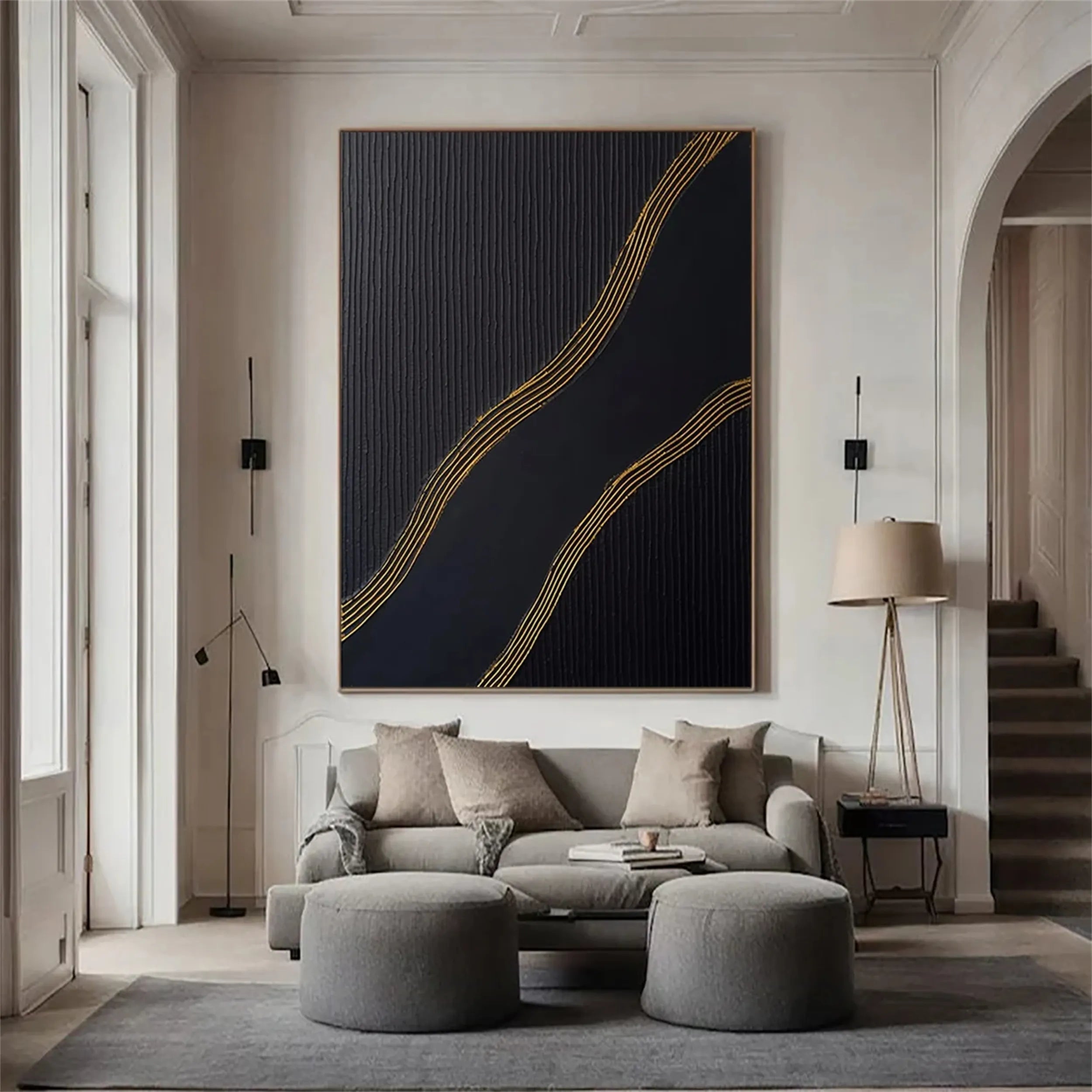 Black Gold Minimalist Textured Abstract Wall Art Painting #MZ084 - Modern Home & Office Decor for Living Room, Bedroom, or Workspace