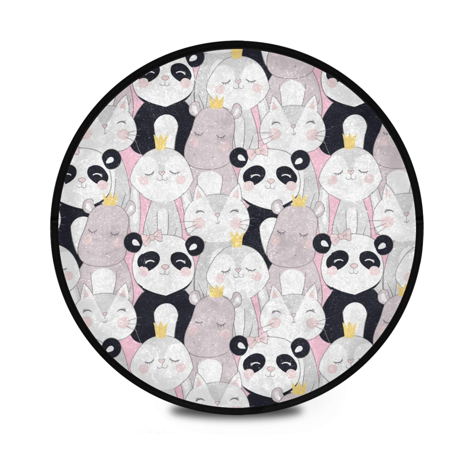 Cute Panda Fox Cartoon Non-Slip Round Area Rug - 3' Diameter Playroom, Living Room, Bedroom Decor - Soft Floor Mat for Kids Room, Nursery & Home Decor