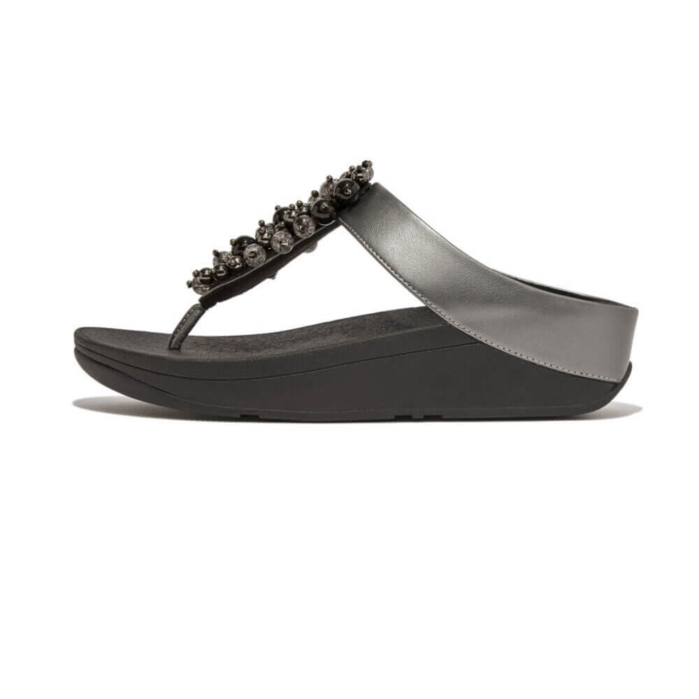 FitFlop Fino Bauble Bead Leather Sandals for Women - Comfortable & Stylish Pewter Black Flip Flops - Perfect for Beach, Vacation & Summer Outfits