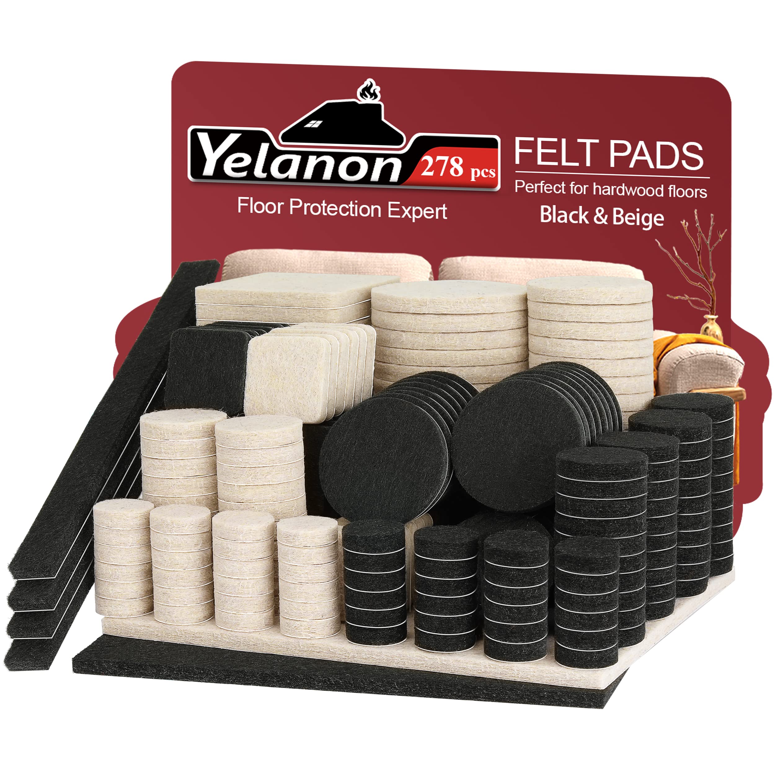 278-Piece Self-Adhesive Felt Furniture Pads for Hardwood Floors - Cuttable Chair Leg Protectors, Anti-Scratch Floor Protectors (Black & Beige) - Perfect for Chairs, Tables, Sofas & Home Office Furniture