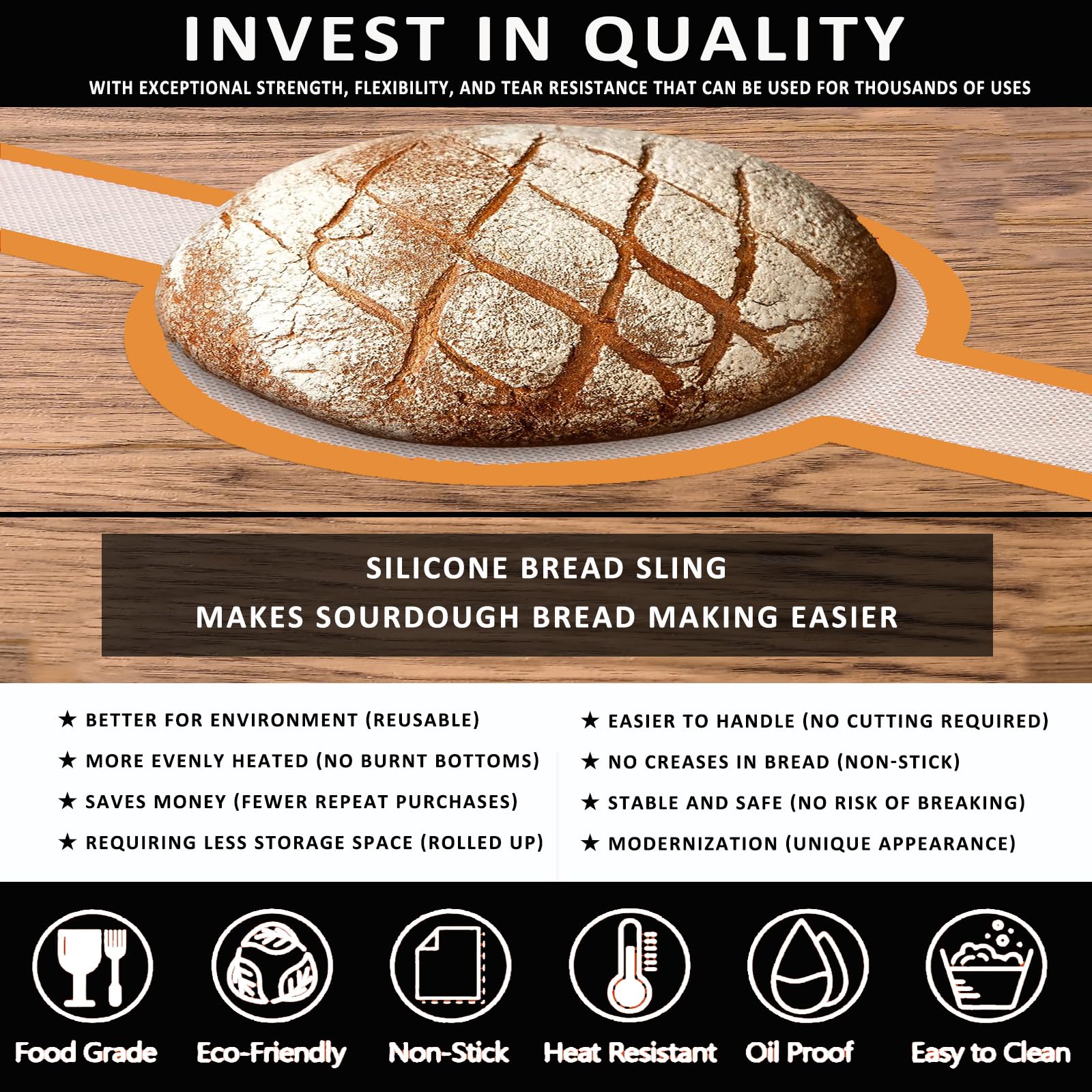 Non-Stick Silicone Bread Sling for Dutch Oven - Oval & Round Reusable Baking Mat with Long Handles - Perfect for Sourdough Bread Making & Artisan Baking - KITMAL Orange Bread Baking Supplies