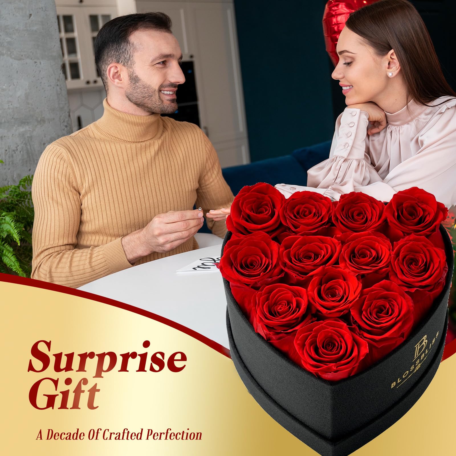 BLOSSBLISS 12-Piece Preserved Red Roses in Heart-Shaped Box - Eternal Love Gift for Wife, Anniversary, Valentine's Day & Mother's Day - Perfect for Romantic Surprises, Home Decor & Special Occasions
