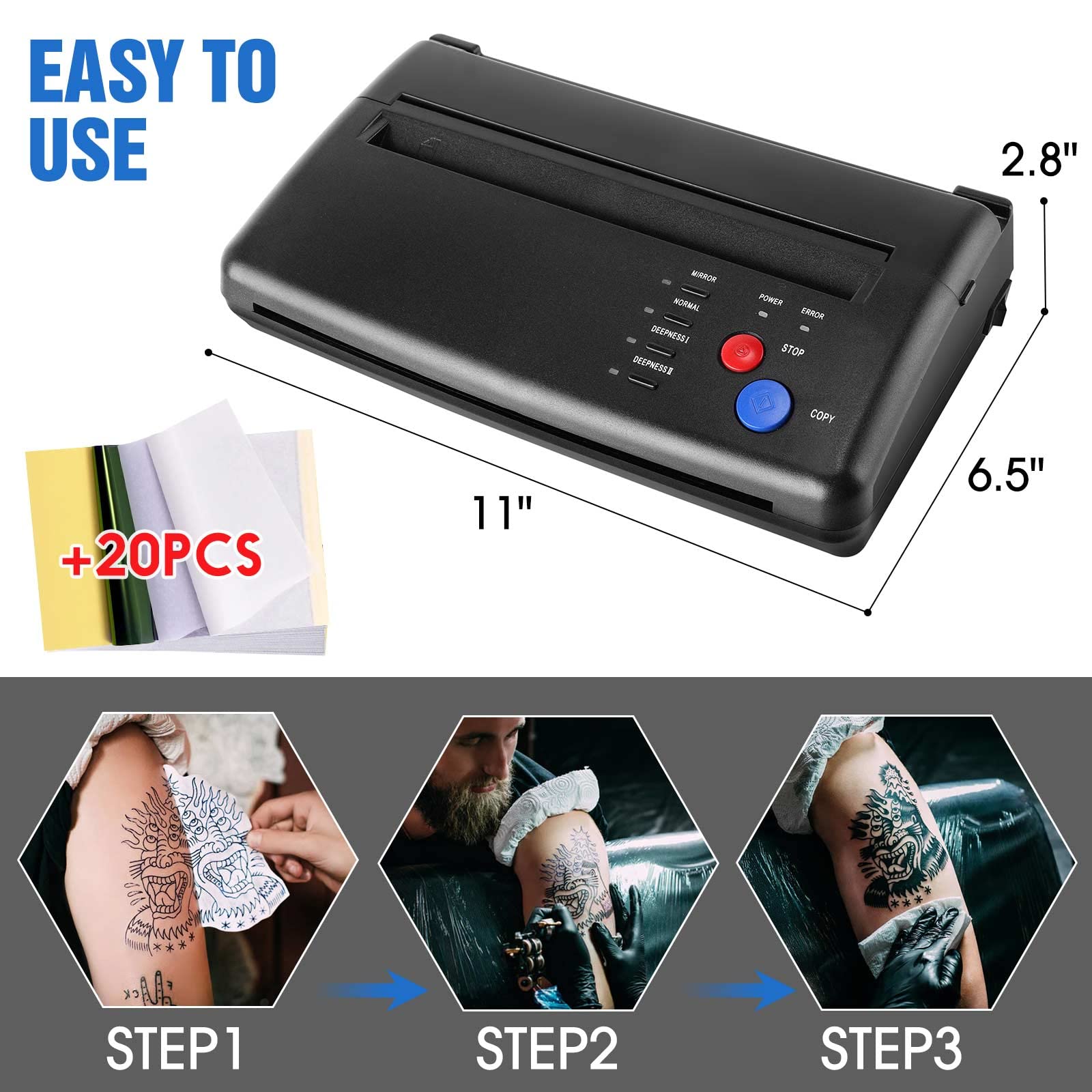 Professional Tattoo Stencil Transfer Printer Machine with 20pcs Thermal Transfer Paper - Tattoo Stencil Copier Kit for Artists & Beginners - Perfect for Tattoo Shops, Home Studios & Professional Tattoo Supplies