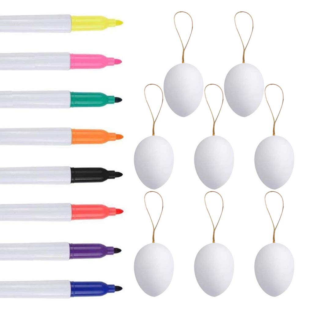 50pcs DIY Easter Eggs with 8 Color Pens - White Plastic Easter Eggs for Kids Crafts, Easter Party Favors, and Holiday Decorations